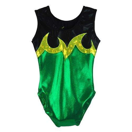 O3GL070 Obersee Girls Gymnastics Leotard in Ace Green with black and yellow accents, showcasing a scoop neck design and sleeveless style.