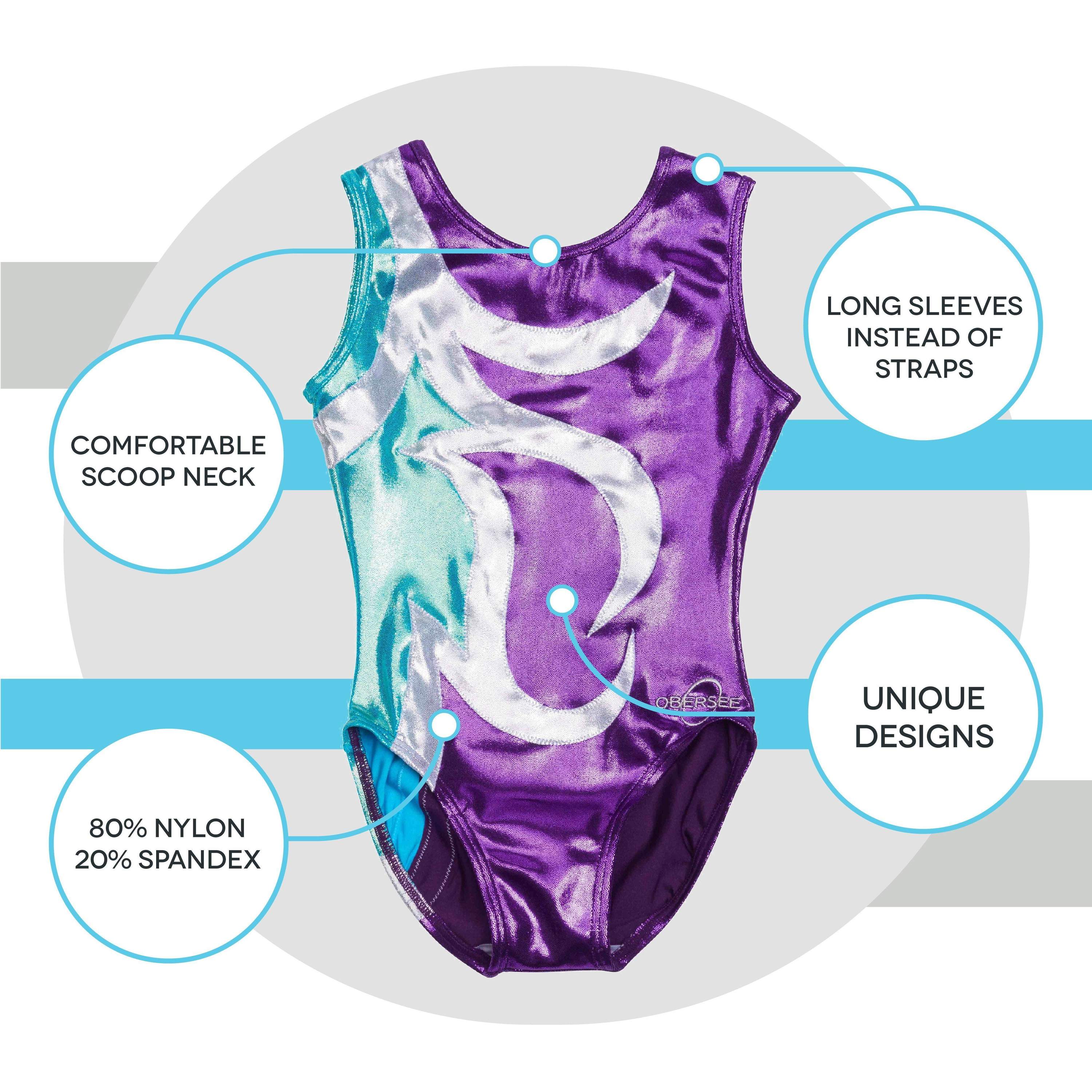 Obersee Girls Gymnastics Leotard in Abby Purple with turquoise and silver accents, showcasing a scoop neck and sleeveless design.