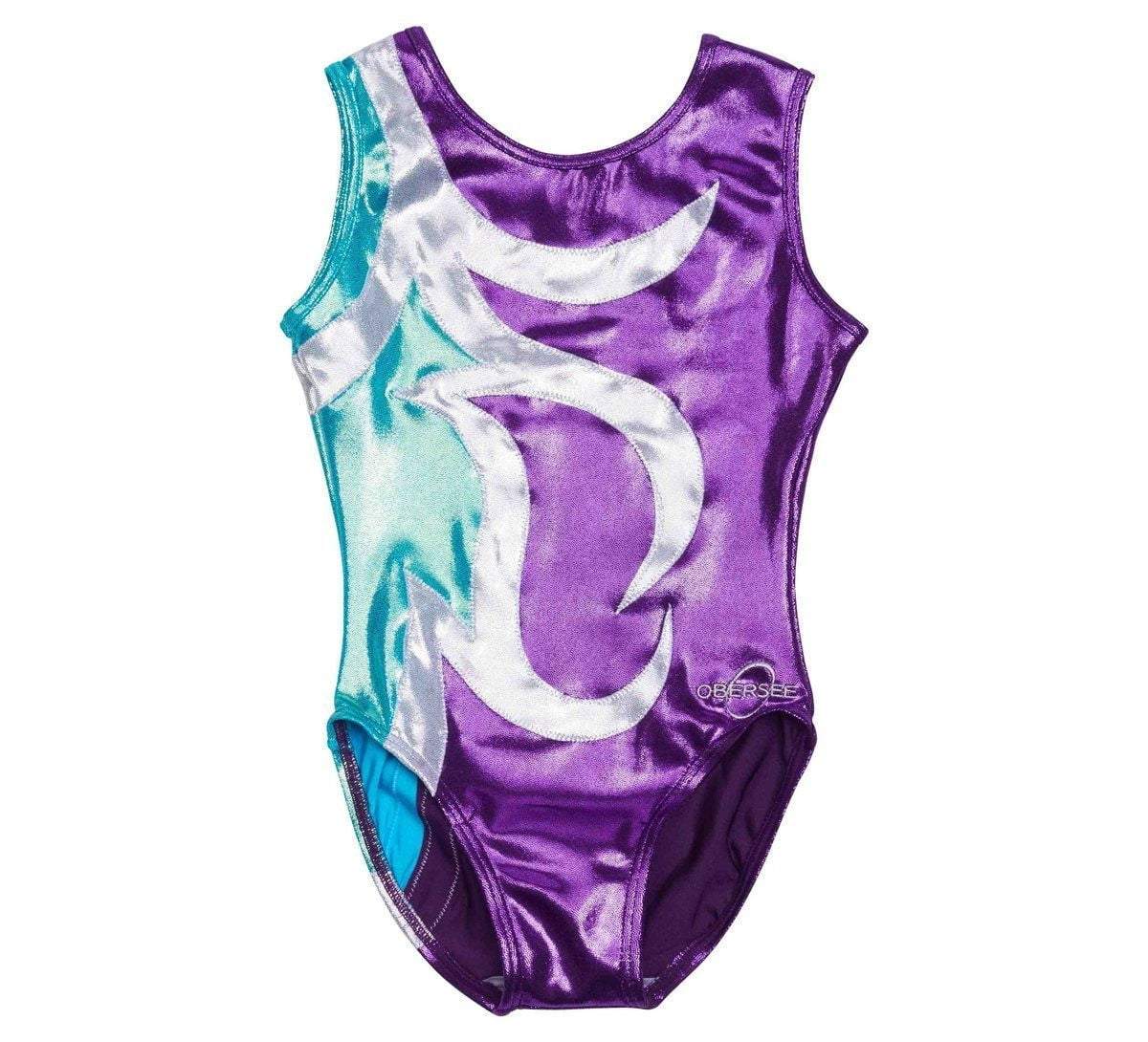 Obersee Girls Gymnastics Leotard in Abby Purple with turquoise and silver accents, showcasing a scoop neck and sleeveless design.