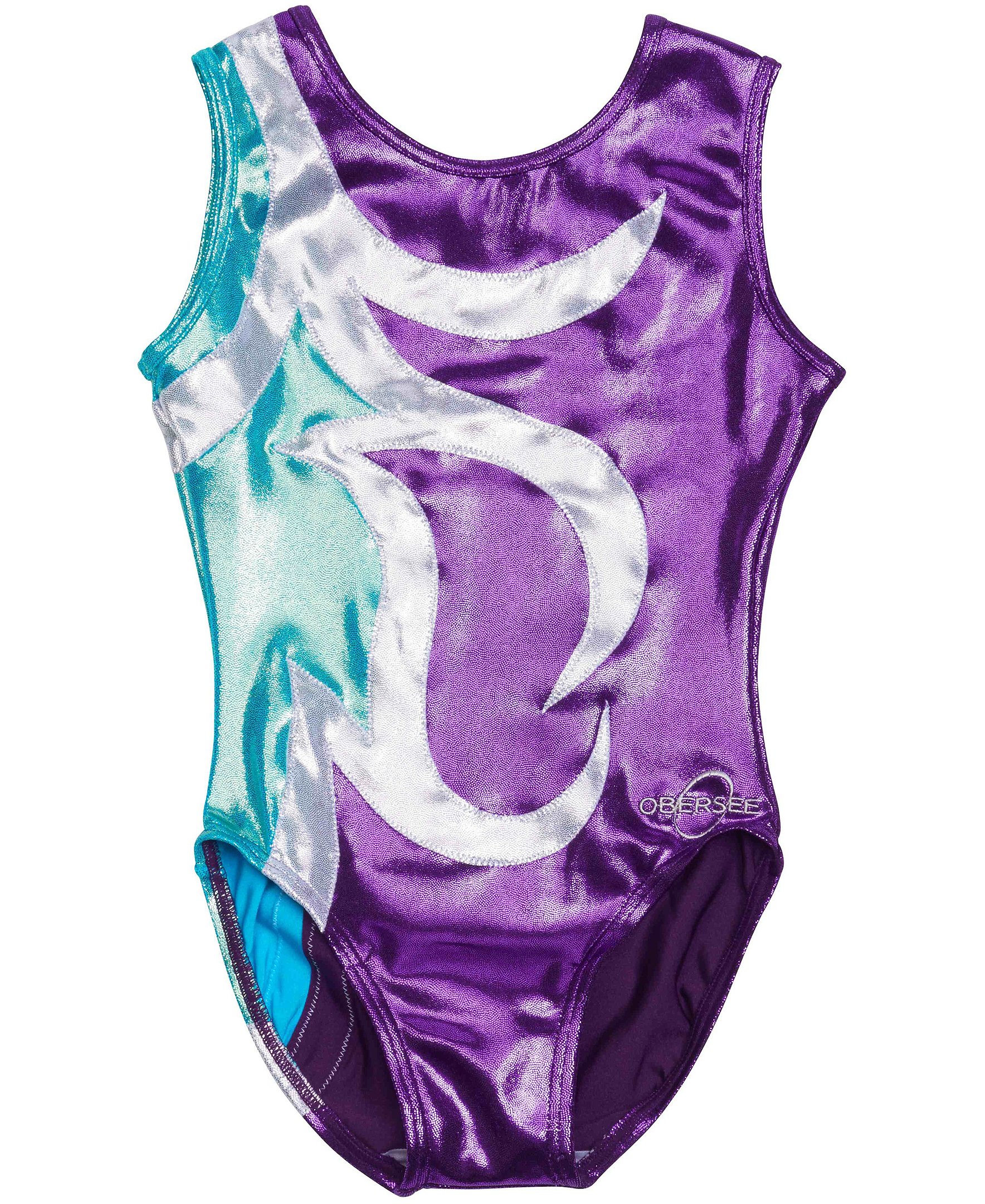 Obersee Girls Gymnastics Leotard in Abby Purple with turquoise and silver accents, showcasing a scoop neck and sleeveless design.