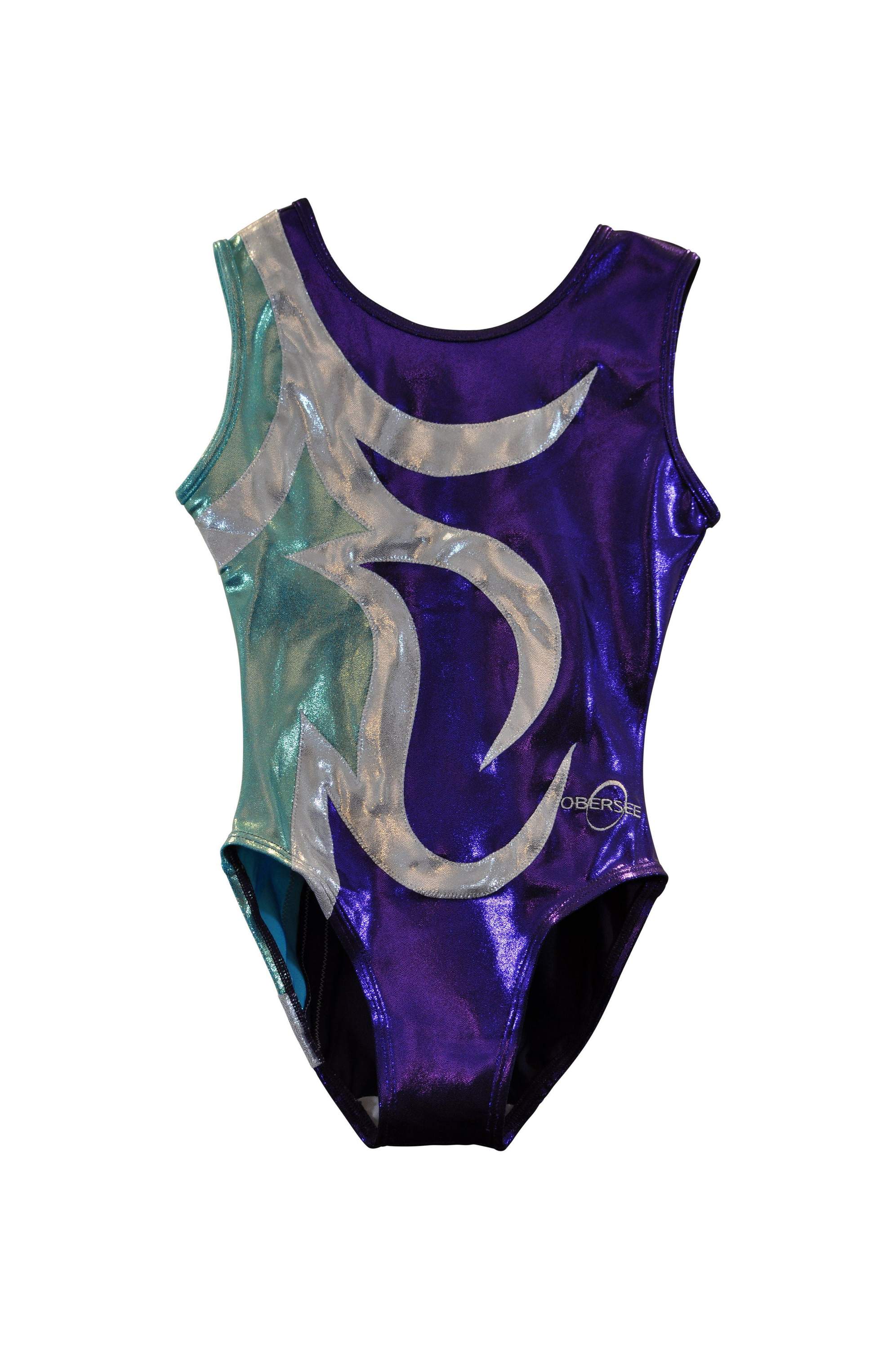 Obersee Girls Gymnastics Leotard in Abby Purple with turquoise and silver accents, showcasing a scoop neck and sleeveless design.
