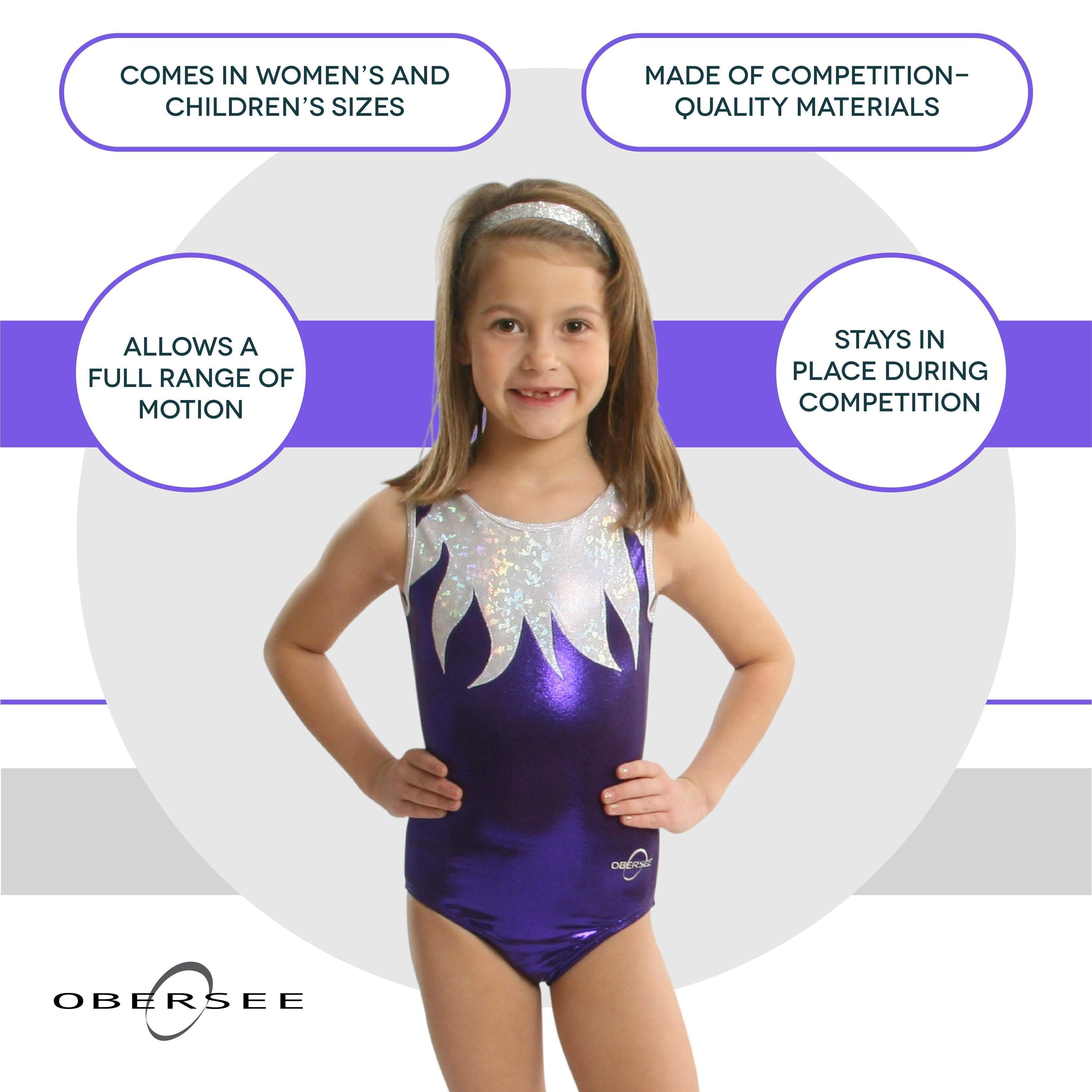 Obersee Girls Gymnastics Leotard in Purple Flames design, showcasing vibrant colors and stylish scoop neck with no sleeves.