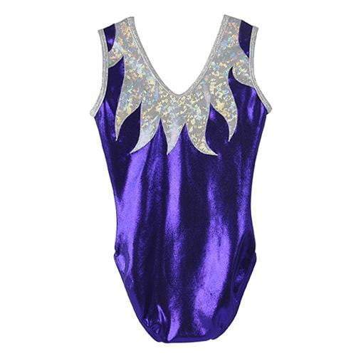 Obersee Girls Gymnastics Leotard in Purple Flames design, showcasing vibrant colors and stylish scoop neck with no sleeves.