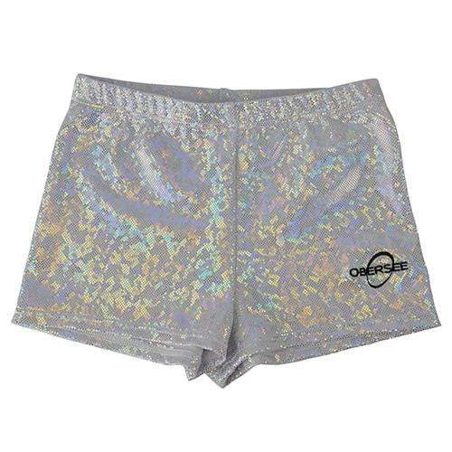 O3GS002 Obersee Gymnastics Shorts for girls in various vibrant colors with an elastic waistband, showcasing their iridescent texture.
