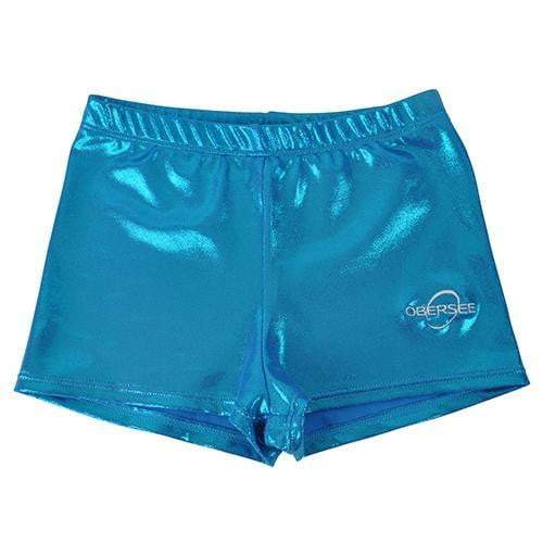 O3GS006 Obersee gymnastics shorts for girls in various colors, featuring an elastic waistband and iridescent texture, perfect for layering over leotards.