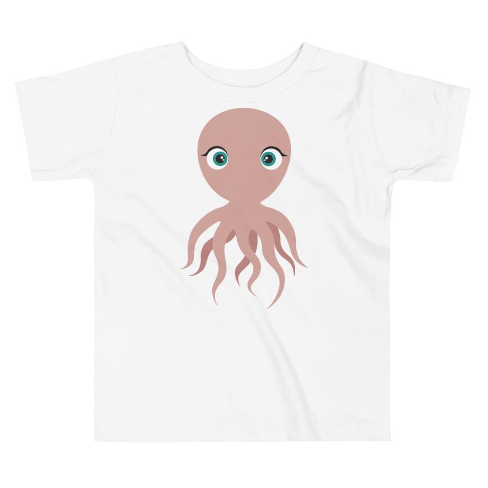 A colorful toddler t-shirt featuring a playful octopus design, made from 100% cotton for comfort.
