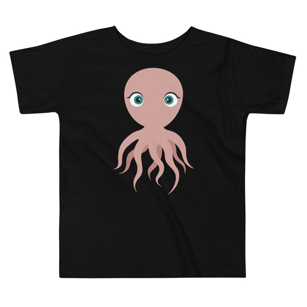 A colorful toddler t-shirt featuring a playful octopus design, made from 100% cotton for comfort.