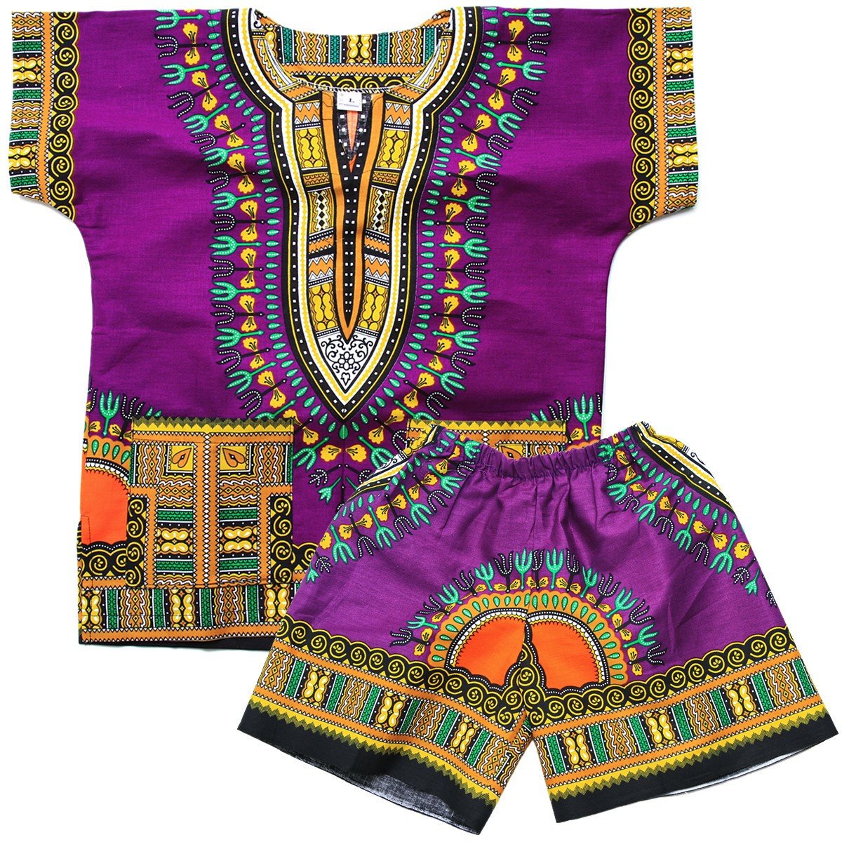 A vibrant OUTDOOR Children Dashiki Suit featuring a colorful traditional design, consisting of a shirt and shorts made from soft cotton, perfect for kids.