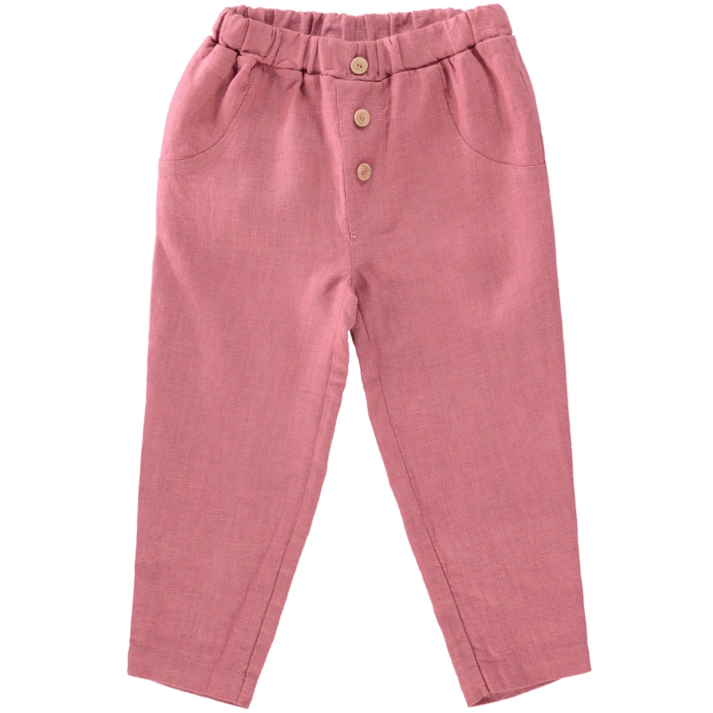 Pants Wave Rose featuring soft linen fabric, elasticised waist, and olive wood buttons in a stylish rose color.