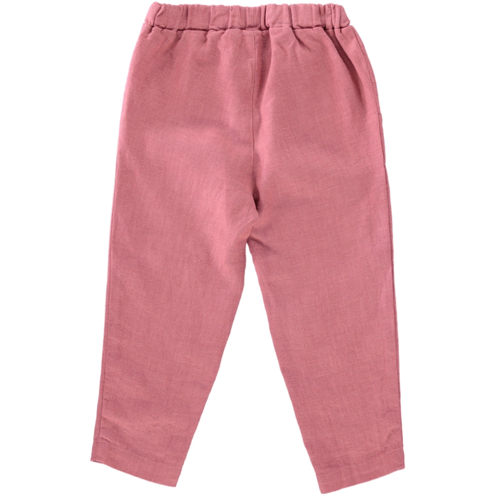 Pants Wave Rose featuring soft linen fabric, elasticised waist, and olive wood buttons in a stylish rose color.