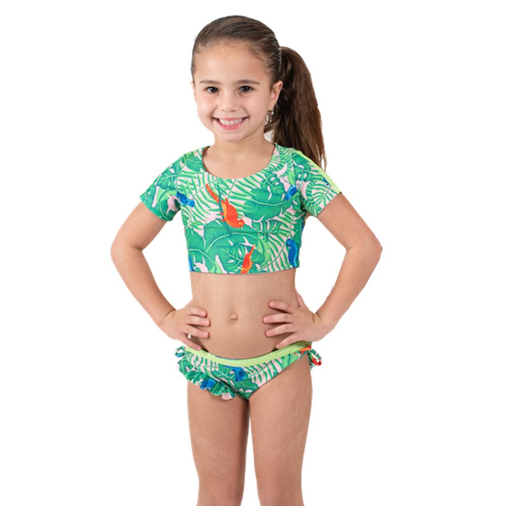 Colorful Parrot Jungle Bikini for kids featuring vibrant prints and adjustable bottoms, perfect for summer swimwear.