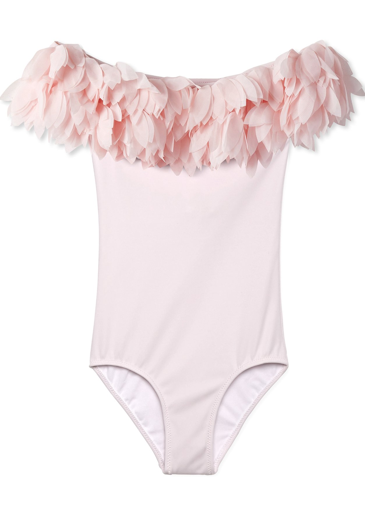 A stylish pink draped swimsuit for girls featuring delicate petal accents, perfect for beach outings.