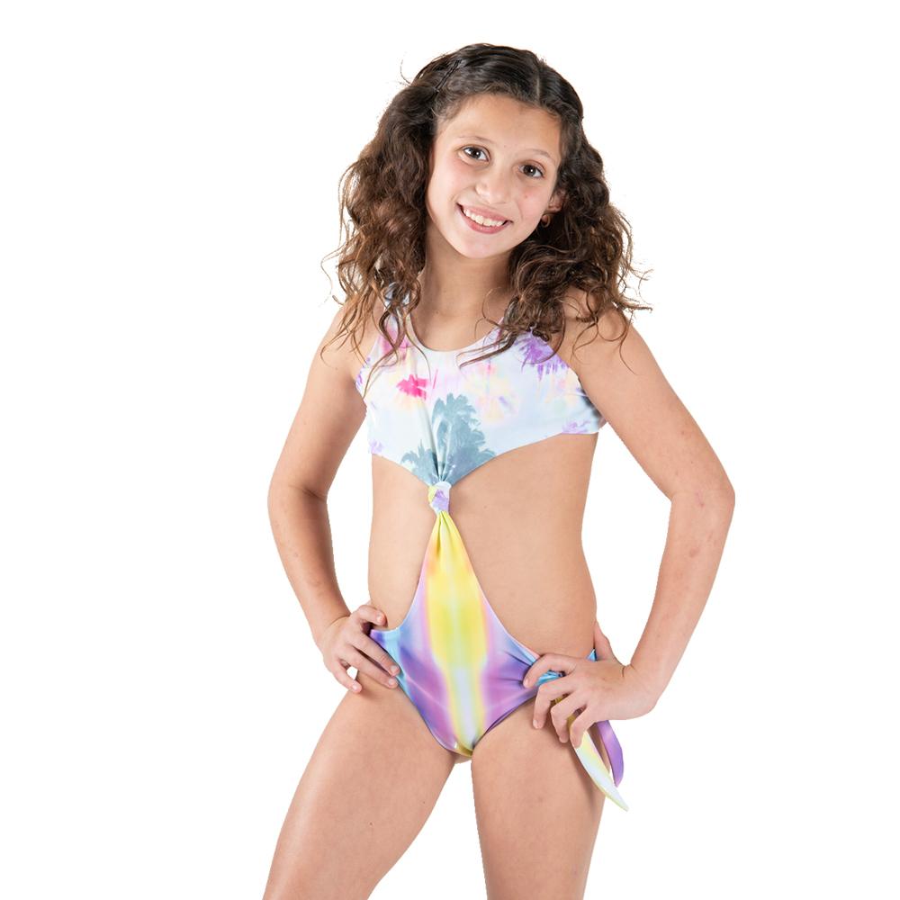 Colorful kids swimwear featuring a rainbow palm tree print with a stylish knot detail at the front, designed for comfort and UV protection.