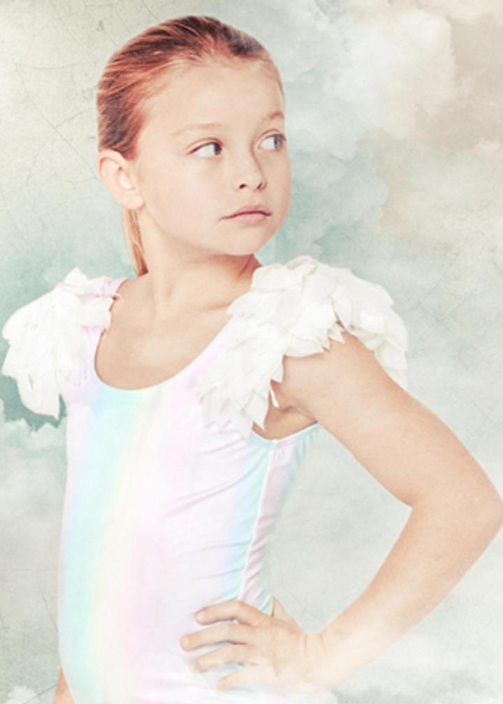 Colorful Rainbow Tank Swimsuit with Petal Shoulders for Girls, featuring a unicorn design and vibrant rainbow colors.