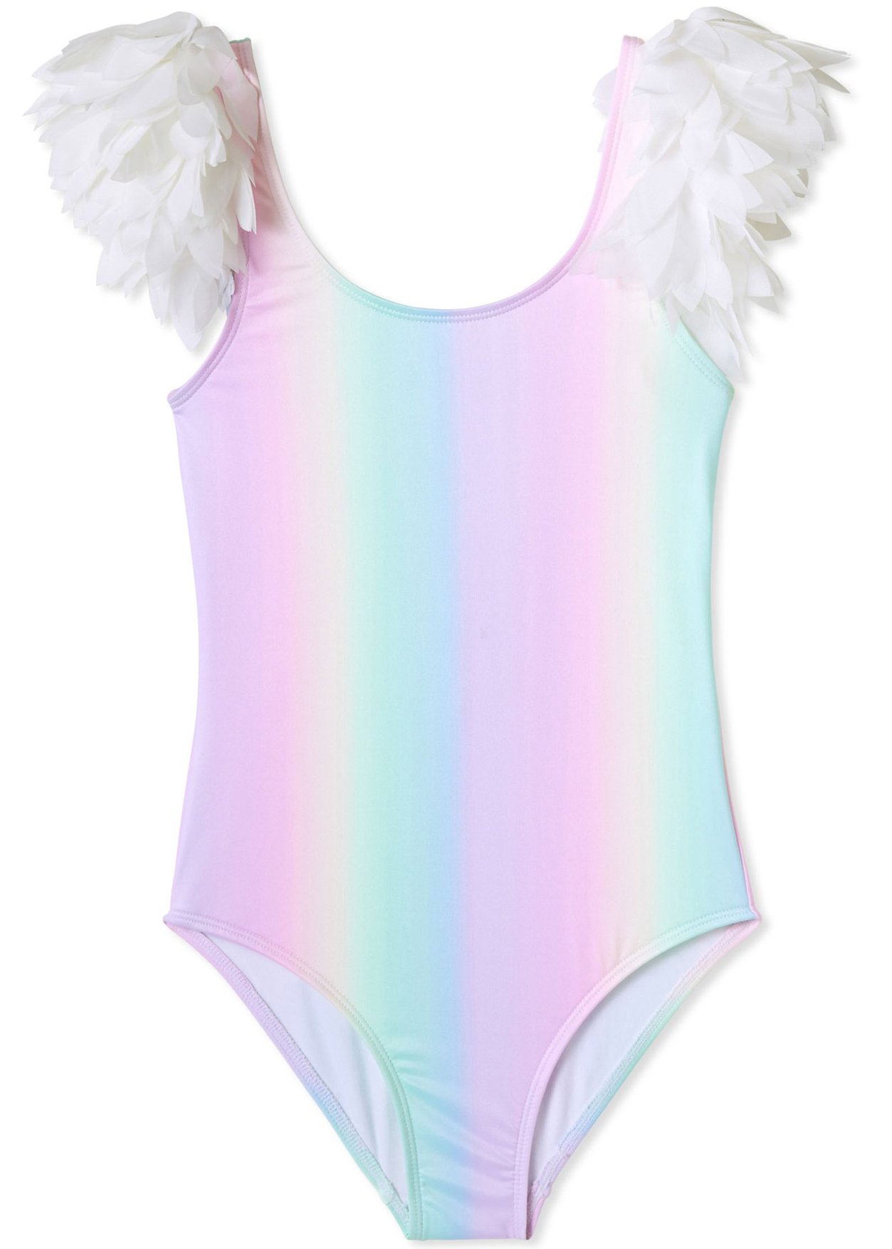 Colorful Rainbow Tank Swimsuit with Petal Shoulders for Girls, featuring a unicorn design and vibrant rainbow colors.