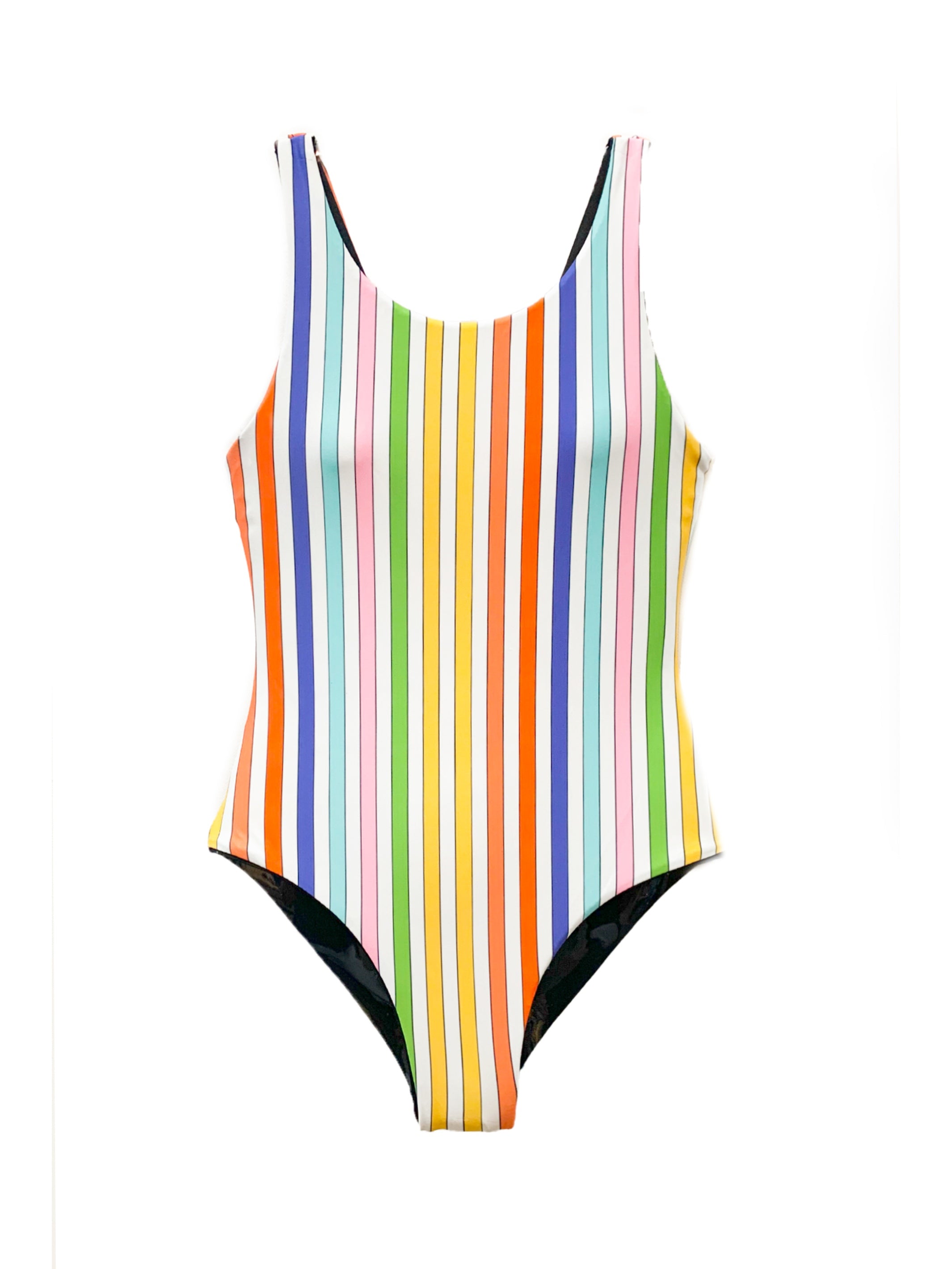Rebel reversible one-piece swimsuit featuring a black side with sunglasses print and a colorful rainbow stripe side, designed for girls and tweens.