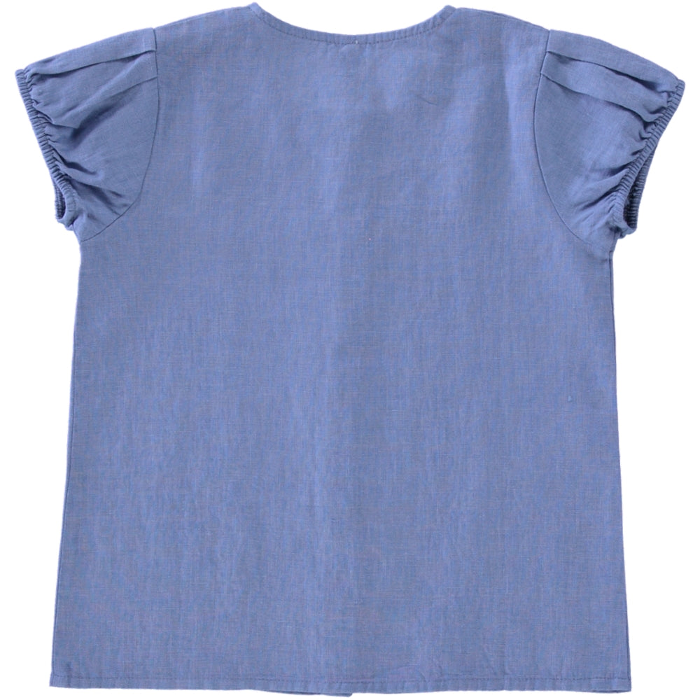 Shirt Balloon Sleeve Celeste featuring balloon sleeves, olive wood buttons, and a soft linen texture in Rose/Blue Celeste color.