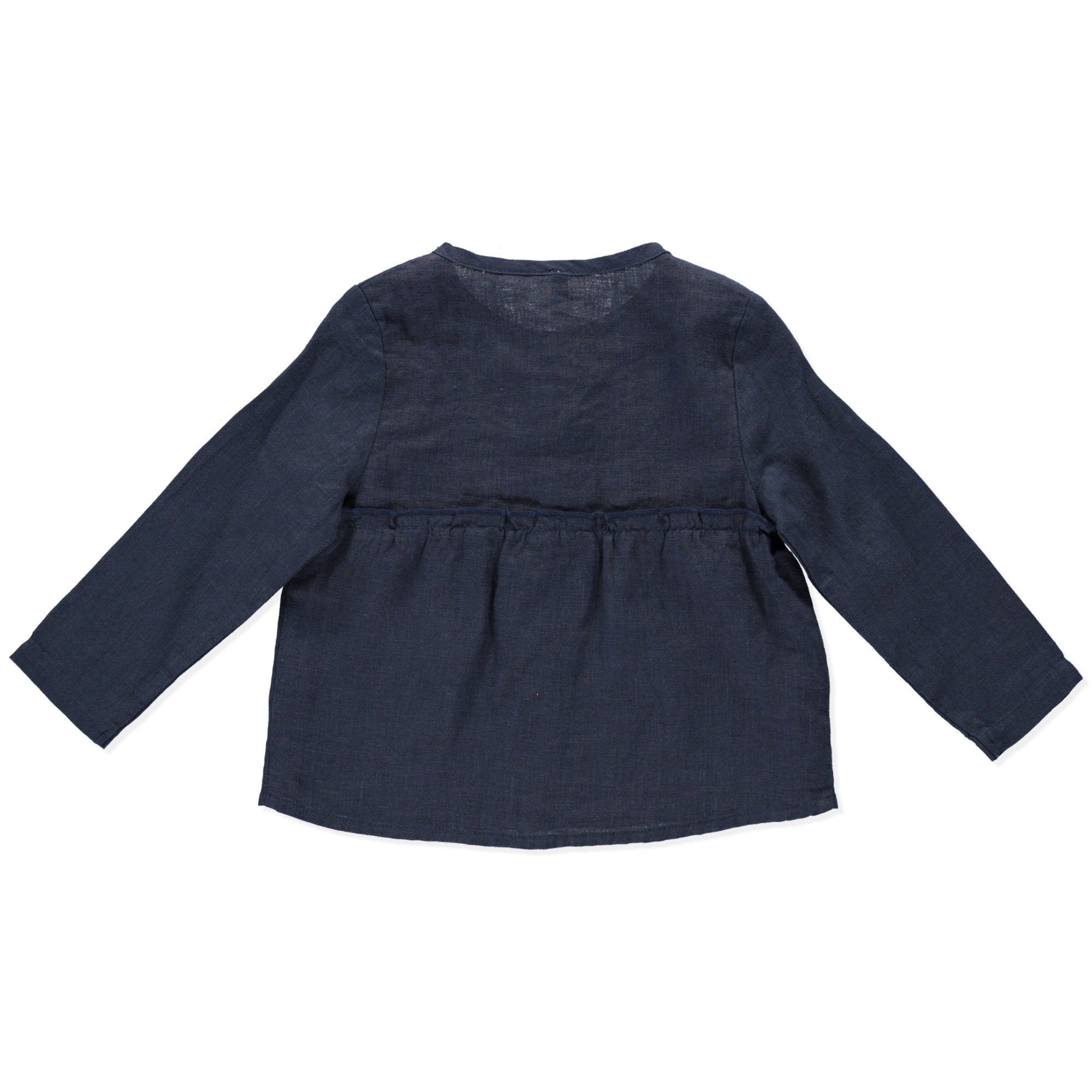 Casual long-sleeved blue linen shirt with frills and olive wood buttons.