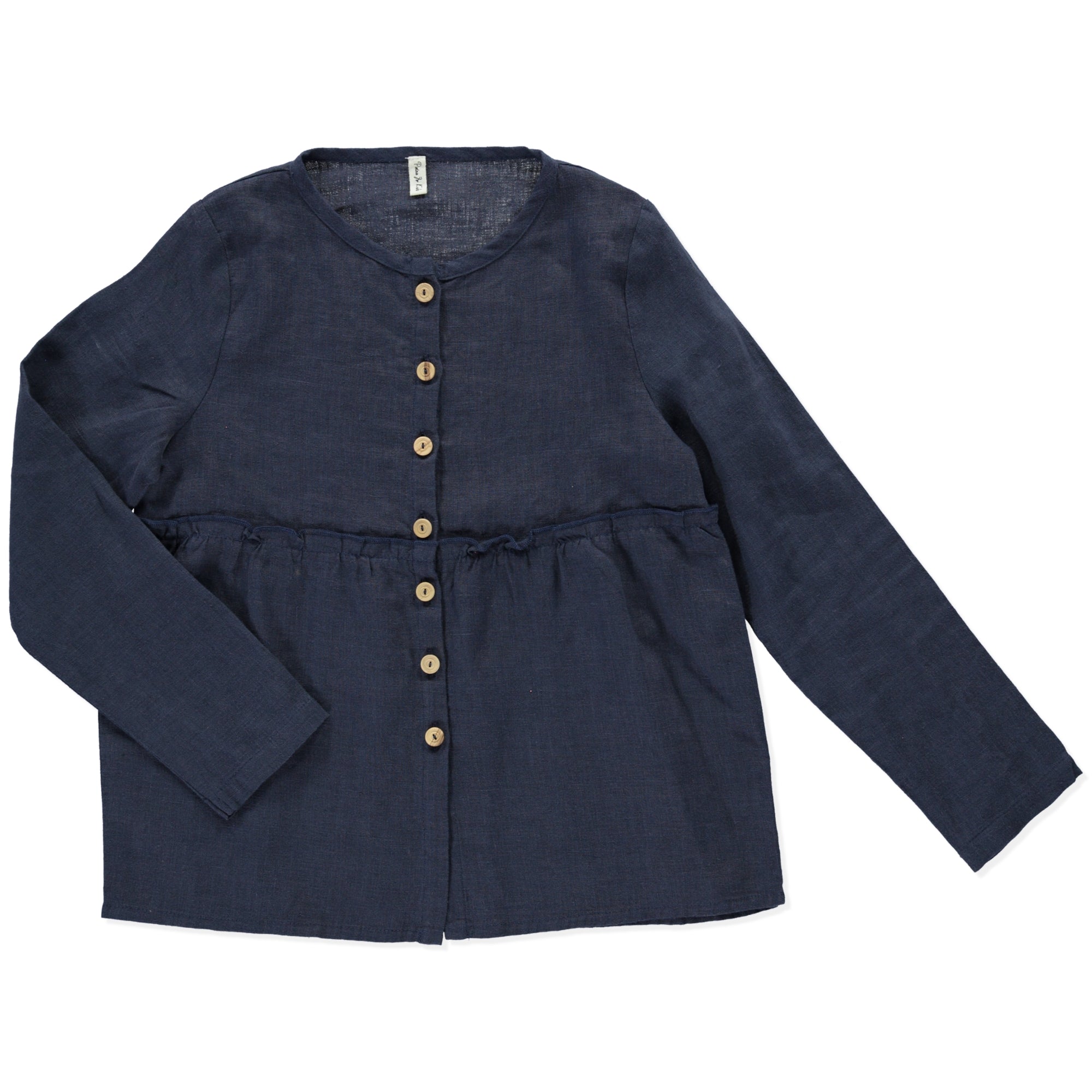 A casual long-sleeve shirt in violet blue with olive wood buttons and a frilled elasticised waist, made from lightweight linen fabric.