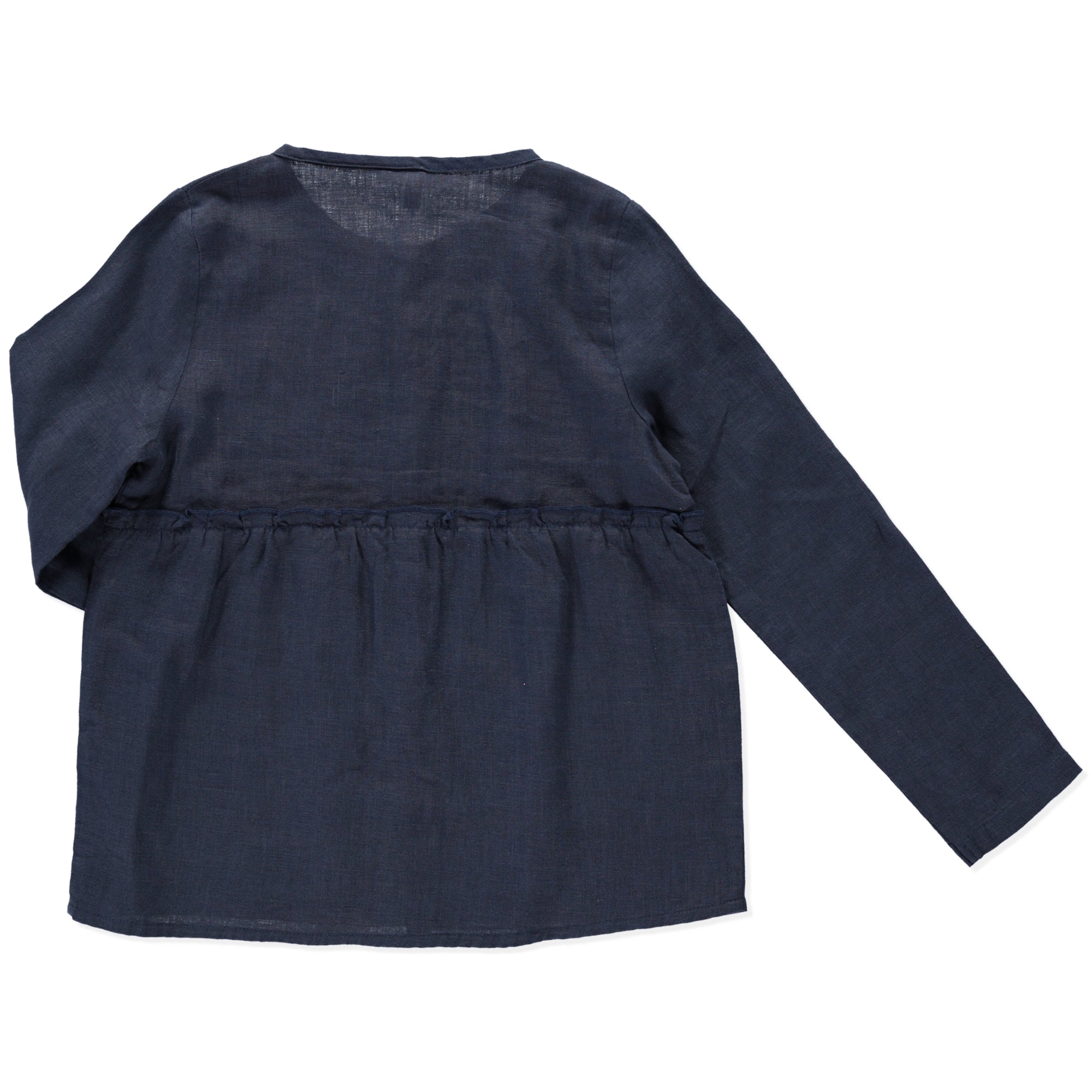 A casual long-sleeve shirt in violet blue with olive wood buttons and a frilled elasticised waist, made from lightweight linen fabric.