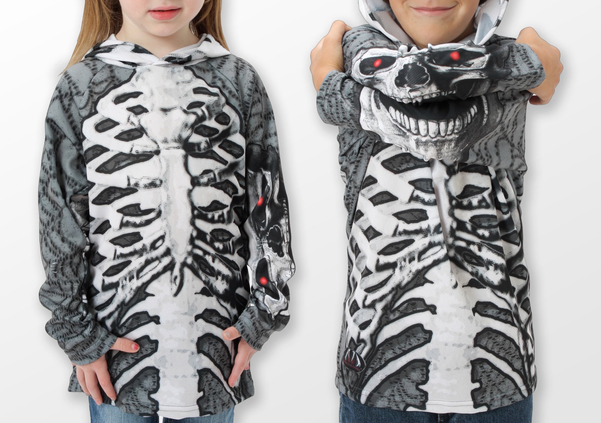 SKELETON in GREY Hoodie Sport Shirt featuring a skeleton x-ray design and chomping skull graphics on the sleeves.