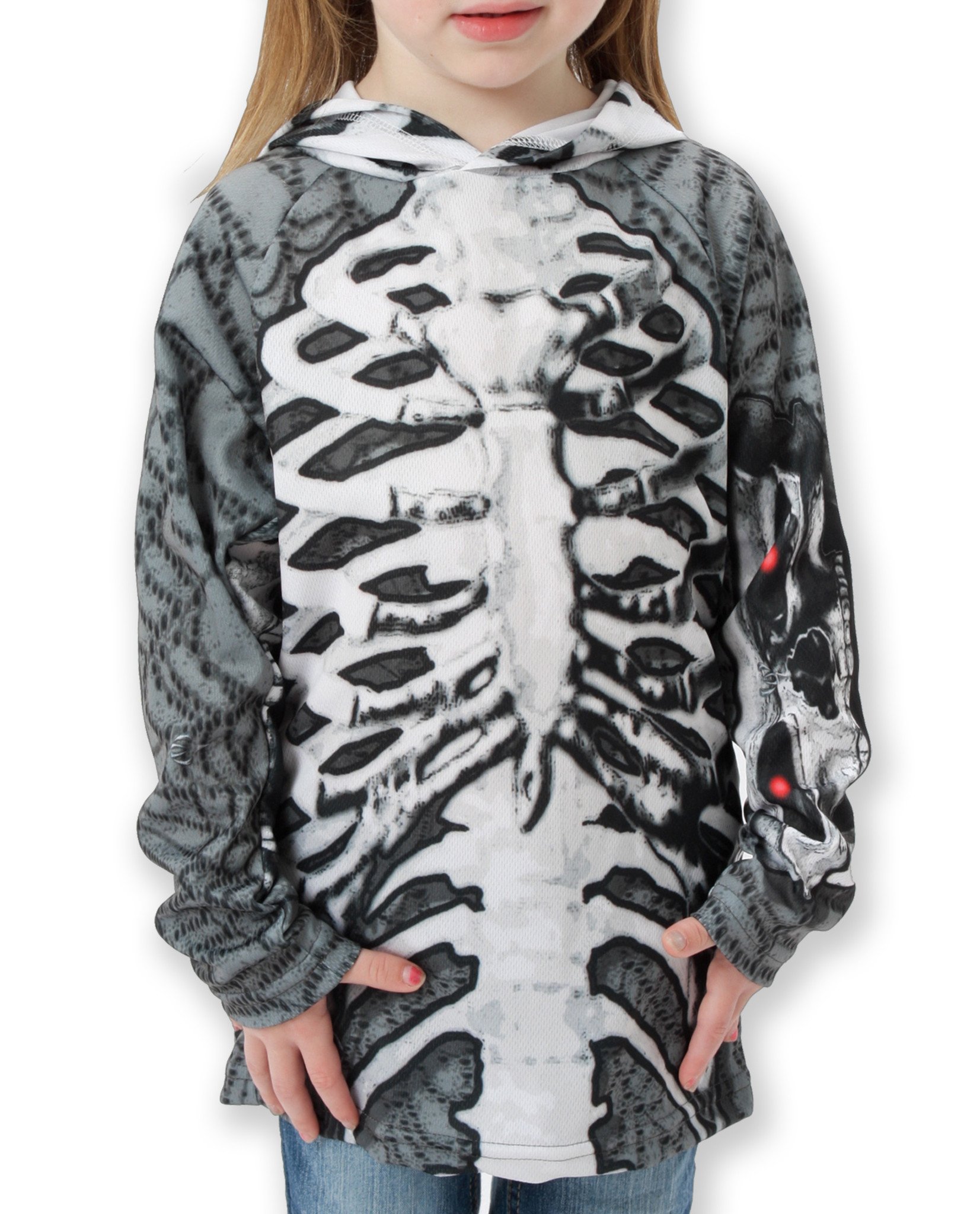 SKELETON in GREY Hoodie Sport Shirt featuring a skeleton x-ray design and chomping skull graphics on the sleeves.