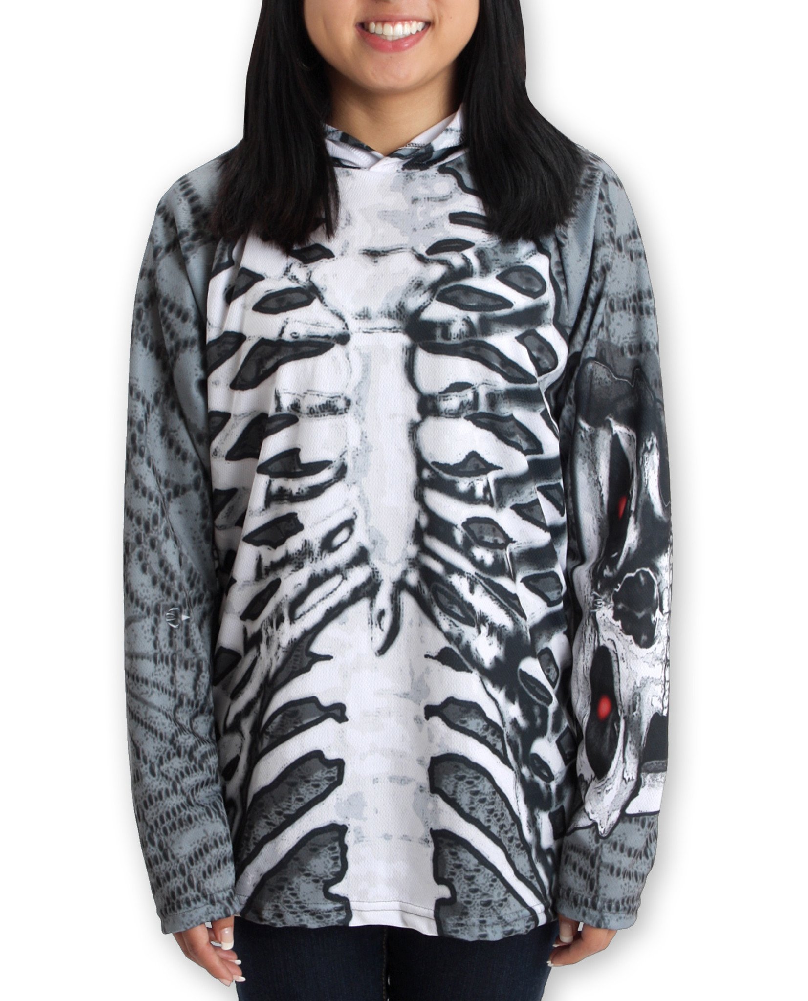 SKELETON in GREY Hoodie Sport Shirt featuring a skeleton x-ray design and chomping skull graphics on the sleeves.