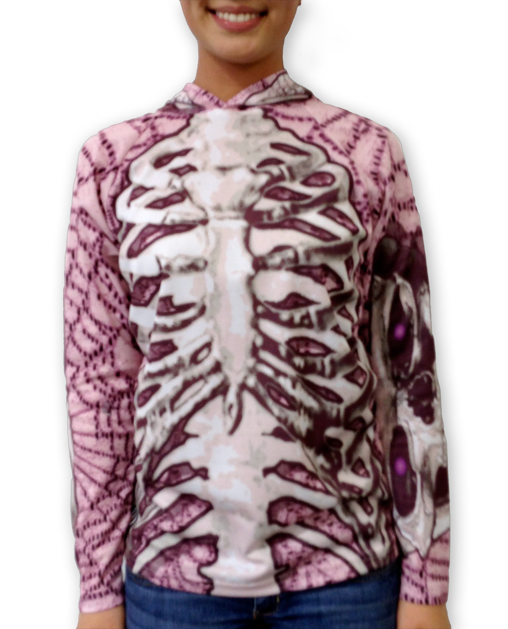 SKELETON in GREY Hoodie Sport Shirt featuring a skeleton x-ray design and chomping skull graphics on the sleeves.