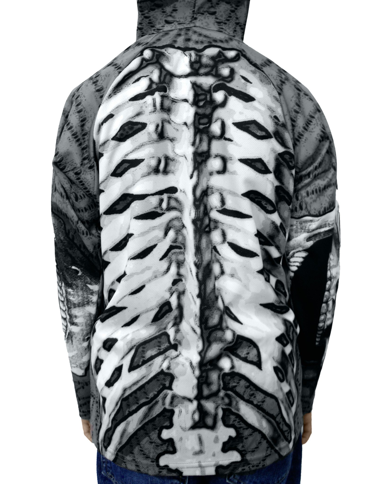 SKELETON in GREY Hoodie Sport Shirt featuring a skeleton x-ray design and chomping skull graphics on the sleeves.