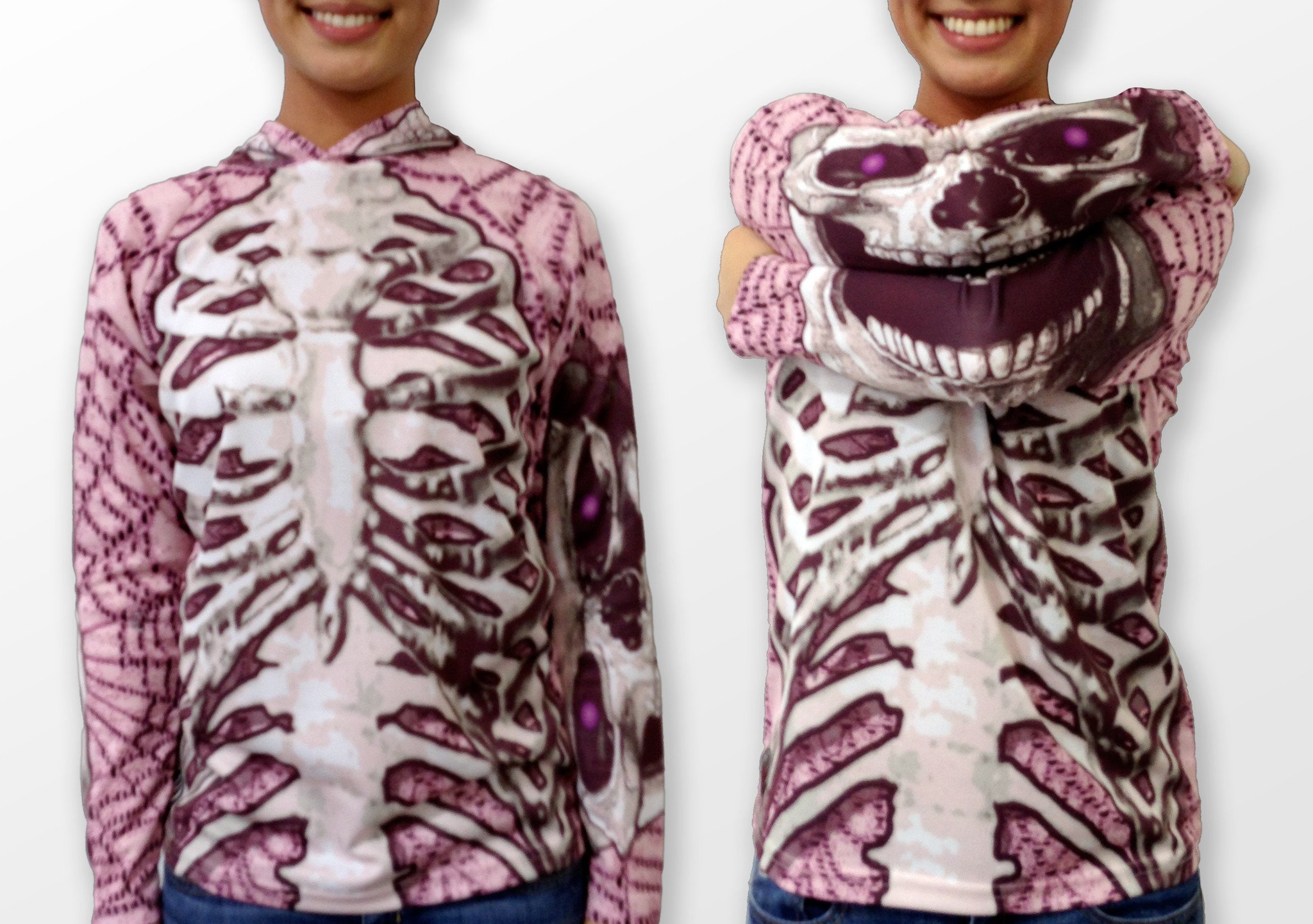 SKELETON in GREY Hoodie Sport Shirt featuring a skeleton x-ray design and chomping skull graphics on the sleeves.