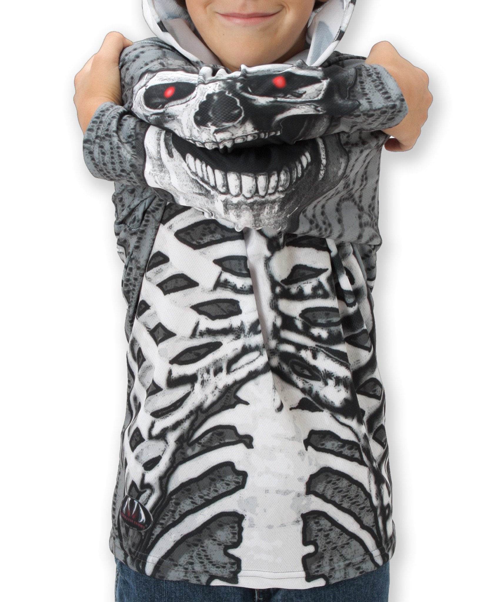 SKELETON in GREY Hoodie Sport Shirt featuring a skeleton x-ray design and chomping skull graphics on the sleeves.