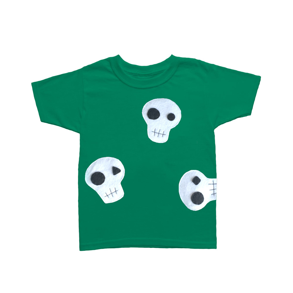 A vibrant green and pink kids t-shirt featuring a cute skull design, handmade and hand-stitched with felt pieces, perfect for boys and girls.