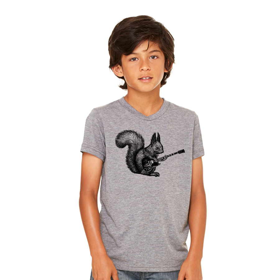 A colorful kids shirt featuring a playful squirrel playing a guitar, designed for comfort and style.