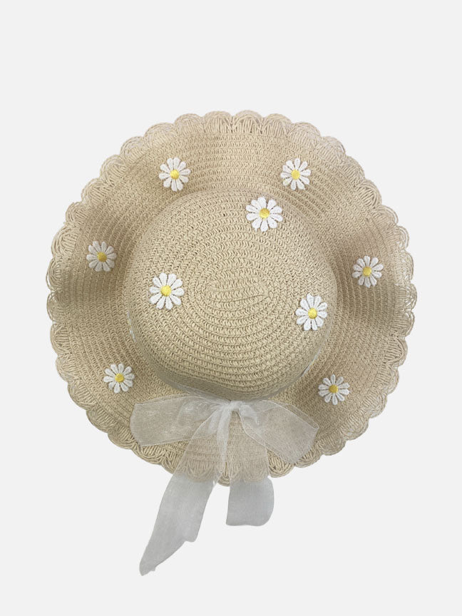 A charming beige straw purse and matching hat adorned with daisy patches and a sheer ribbon bow, perfect for spring outings.
