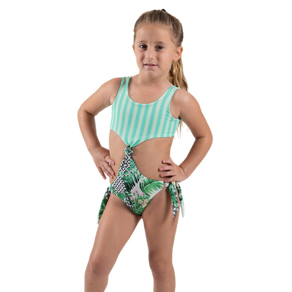 Striped Forest Knot Trikini for kids featuring trendy printed lycra and a stylish knot detail on the front.