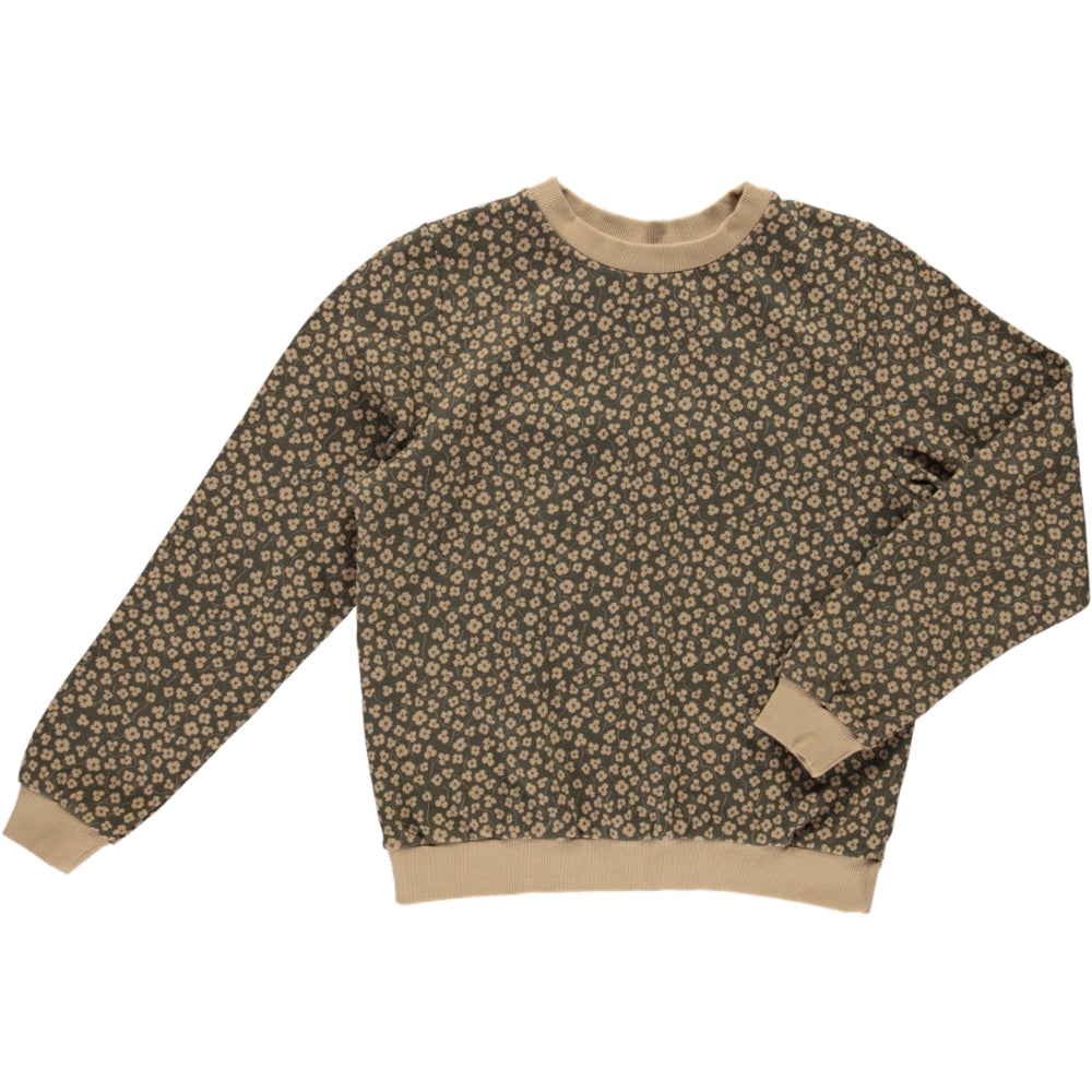 A stylish women's sweatshirt featuring a khaki floral print, made from 100% organic cotton fleece with ribbed cuffs and neck.