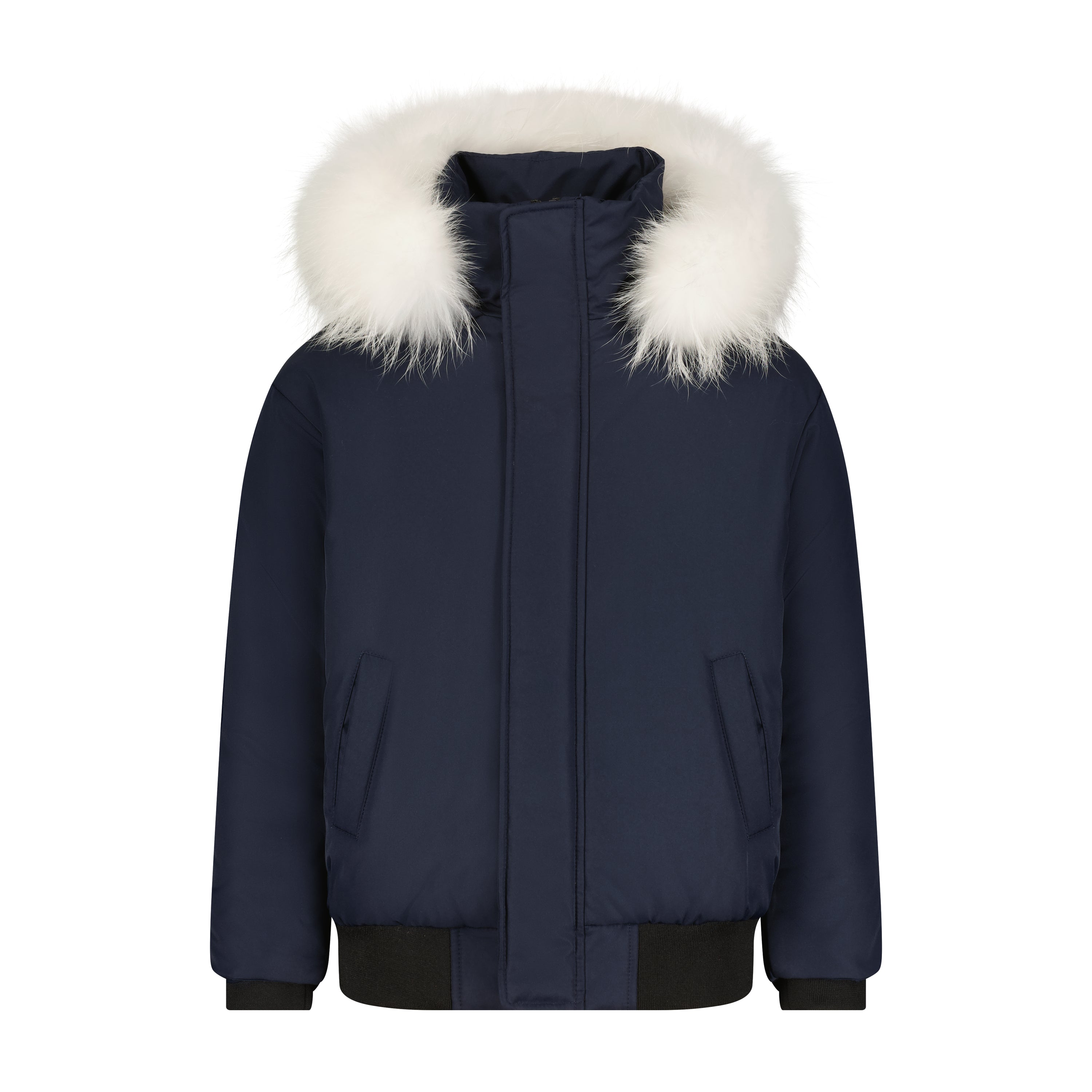 The Alaskan Catch coat featuring a navy exterior and a luxurious white raccoon fur hood, showcasing its elegant design and stylish features.