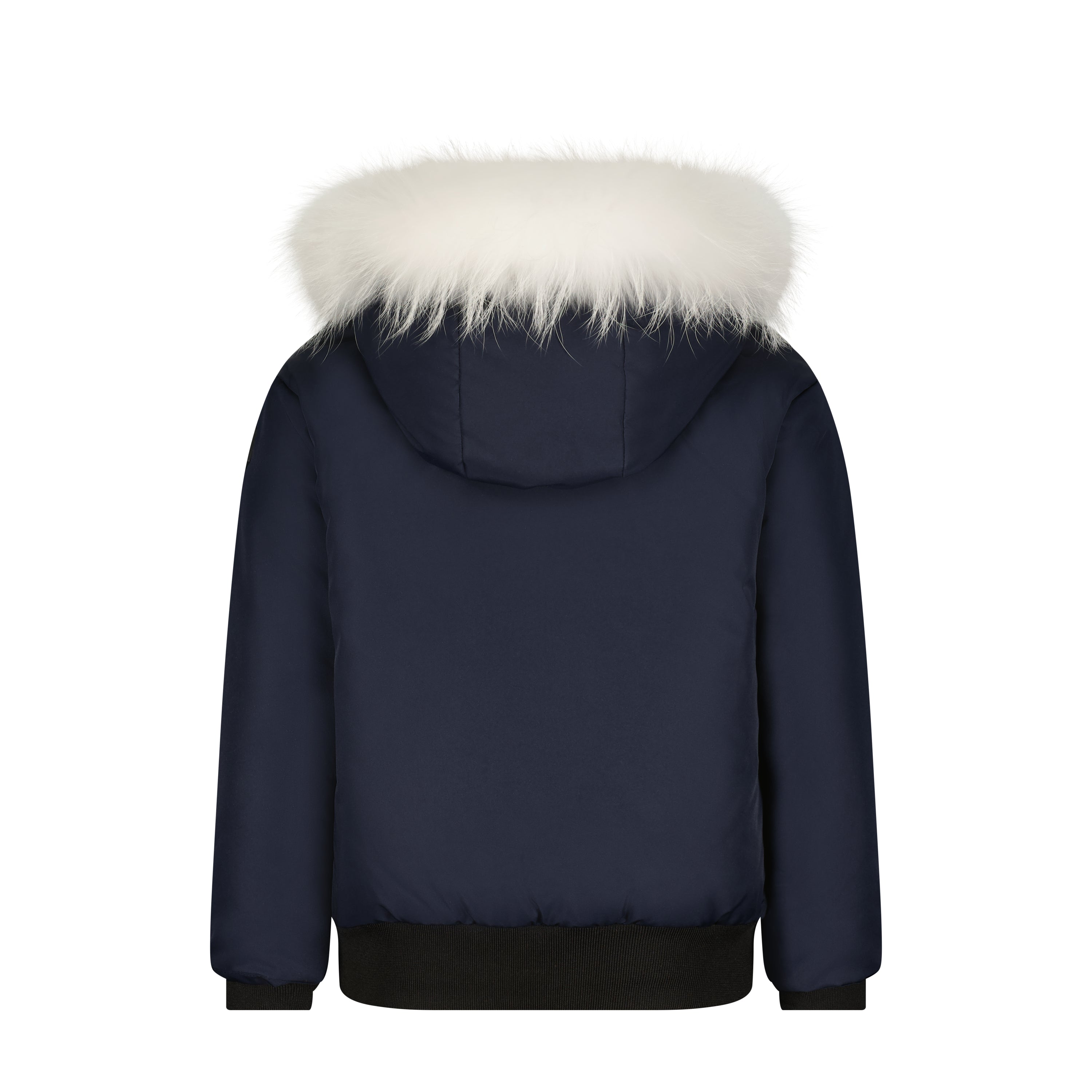 The Alaskan Catch coat featuring a navy exterior and a luxurious white raccoon fur hood, showcasing its elegant design and stylish features.