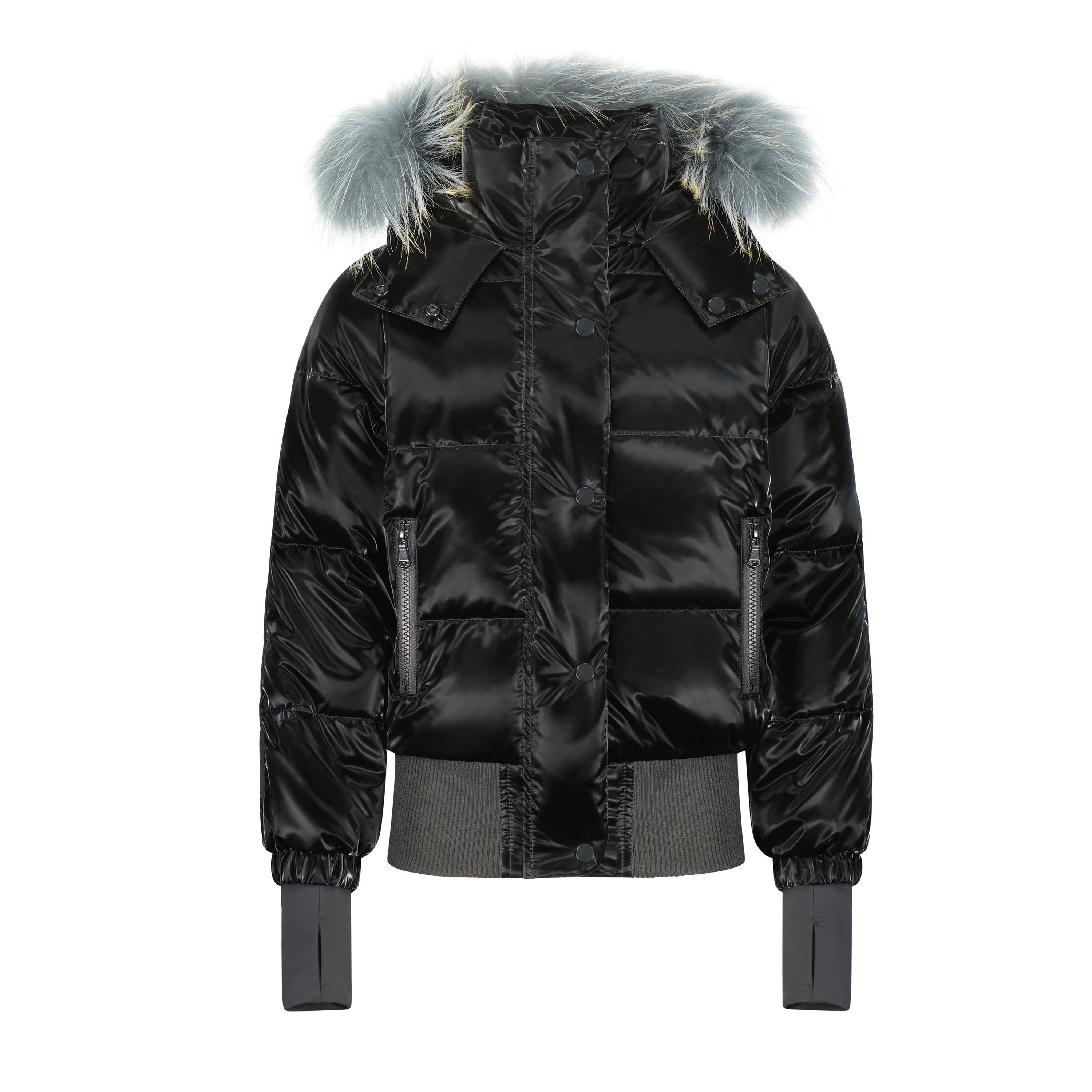 The Blade black coat featuring luxurious silvery-grey fur with subtle yellow tips, showcasing elegance and style.