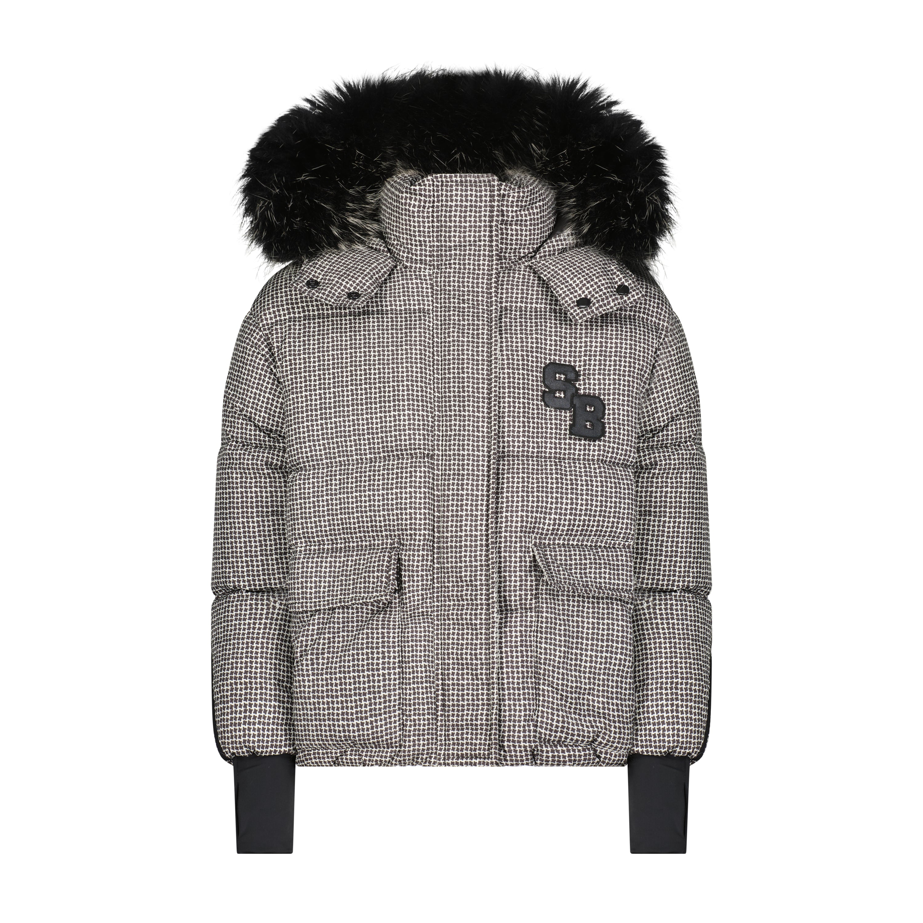 A stylish unisex houndstooth coat featuring a black and white pattern, luxurious racoon fur hood, and trendy side pockets.