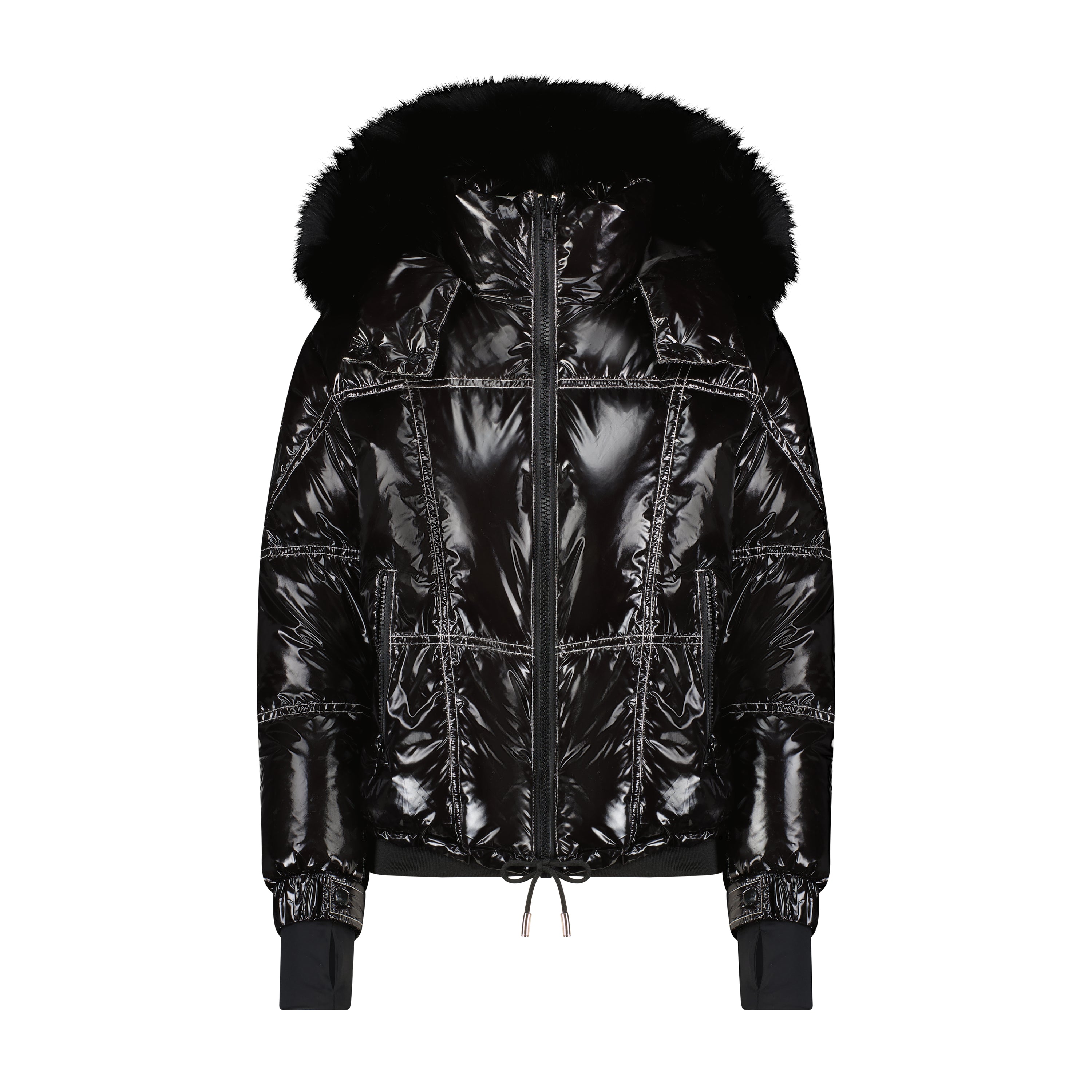 The Dice coat featuring black fur, white stitching, and a luxurious raccoon fur hood, perfect for stylish winter wear.
