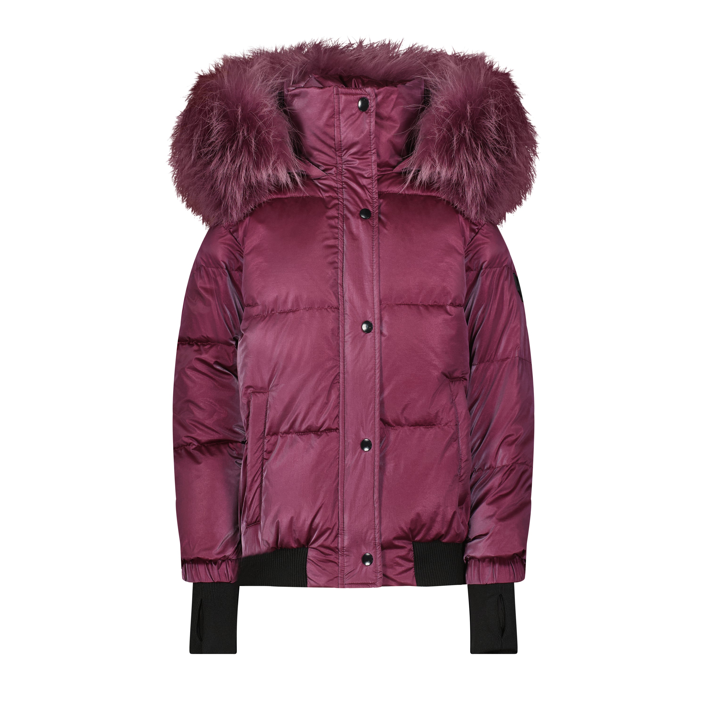 The Flamefruit coat featuring a luxurious racoon fur hood, sleek polyester exterior, and stylish design elements.