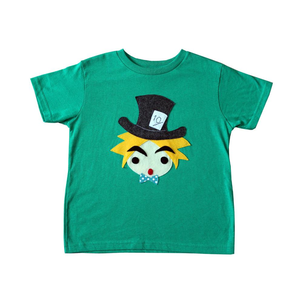 A colorful handmade kids t-shirt featuring The Hatter from Alice's Adventure in Wonderland, with eco felt appliqué design.