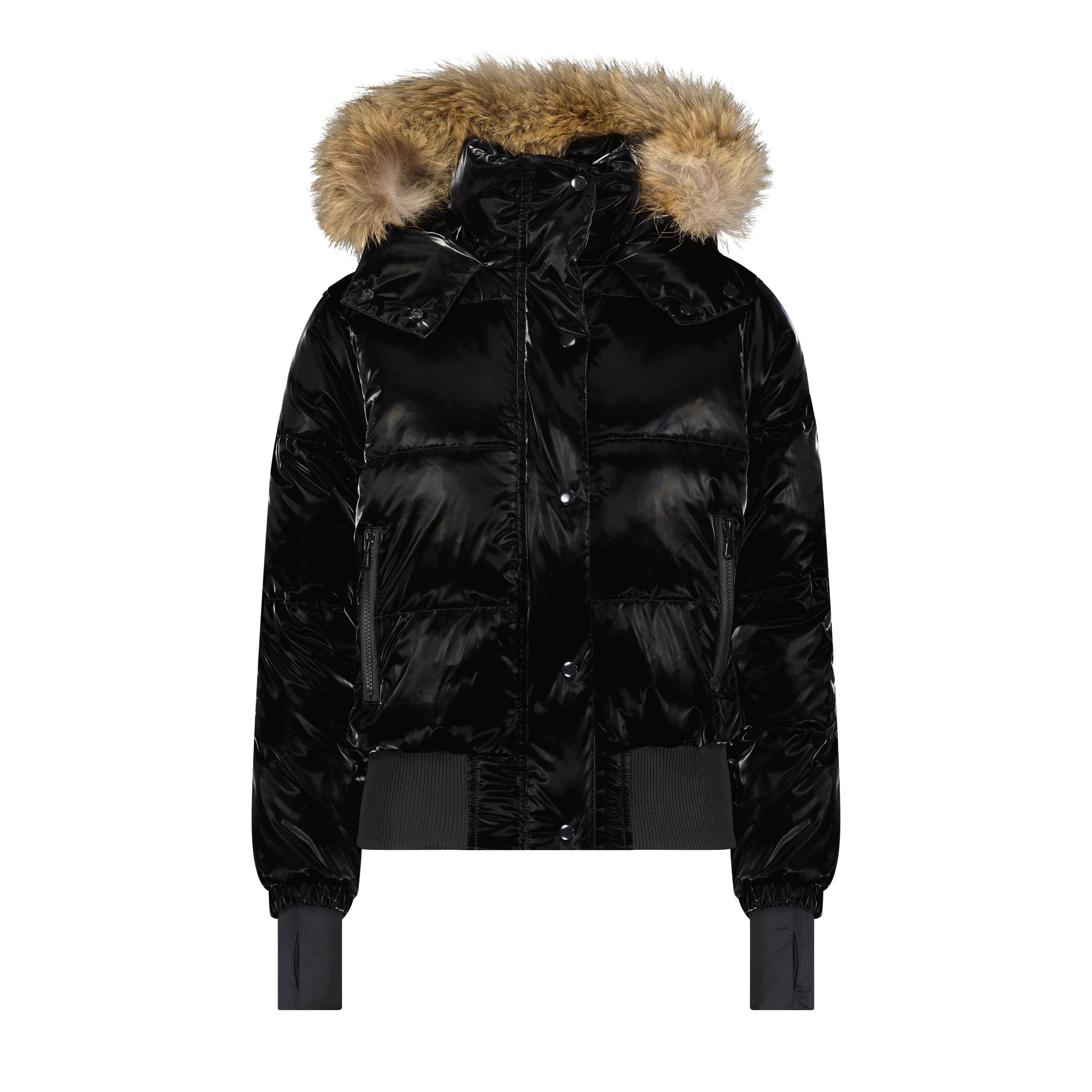 The Hay Wain black coat featuring a luxurious raccoon fur hood, fitted bomber style, and concealed zipper closure.