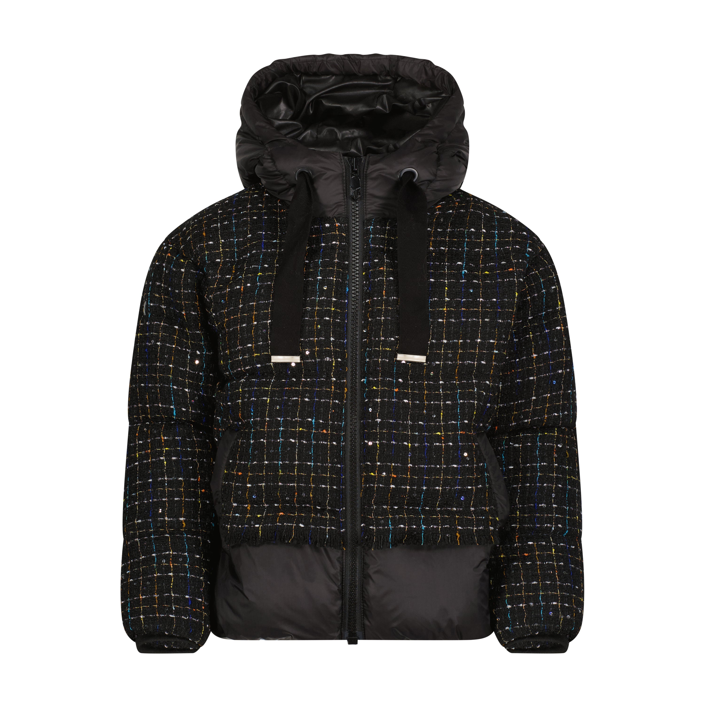 The Hushed Holly jacket featuring a vibrant speckled design, high collar, and adjustable hood with drawstrings.