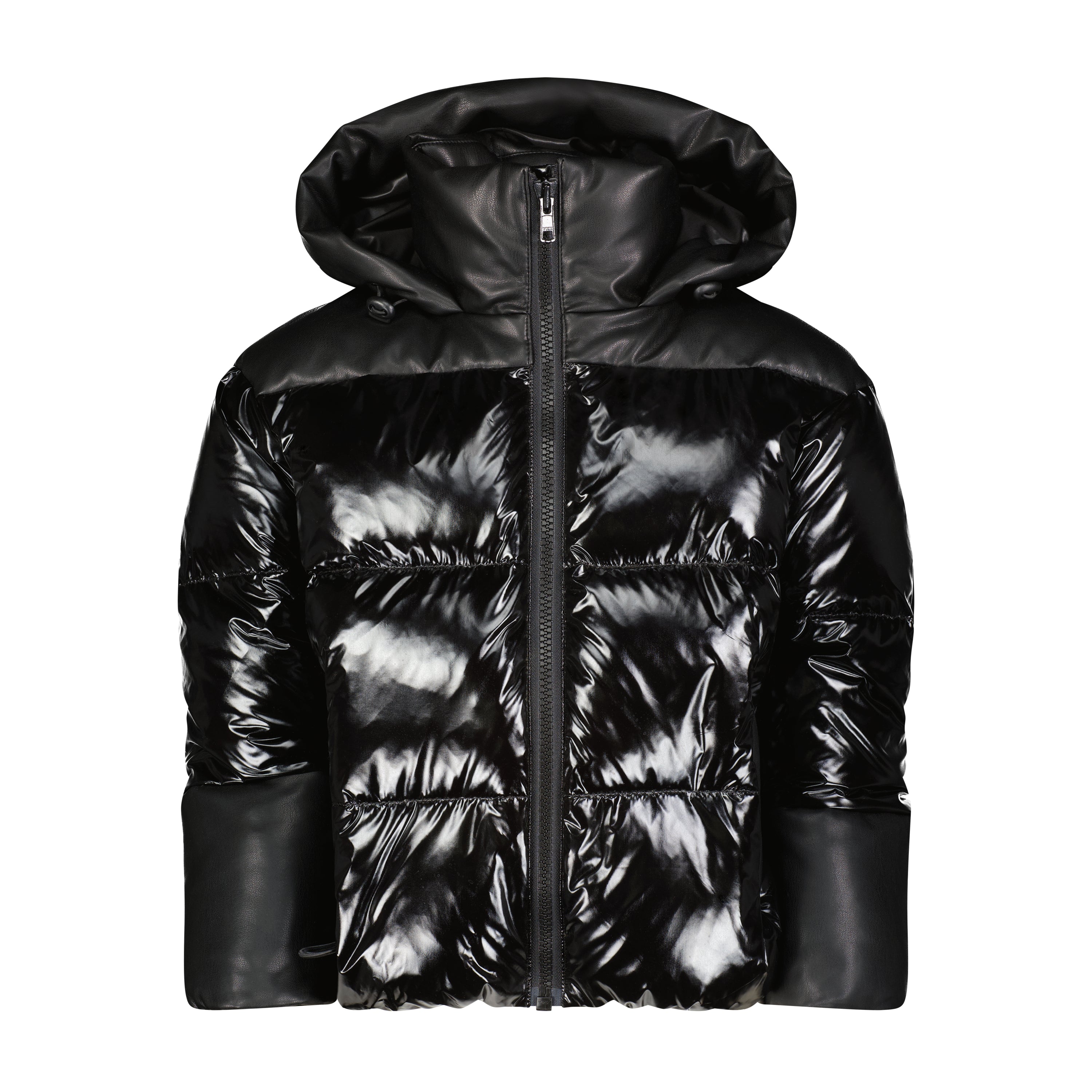 The Jax Unisex coat featuring a modern puffer design, high collar, faux leather hood, and trendy side zipper pockets.