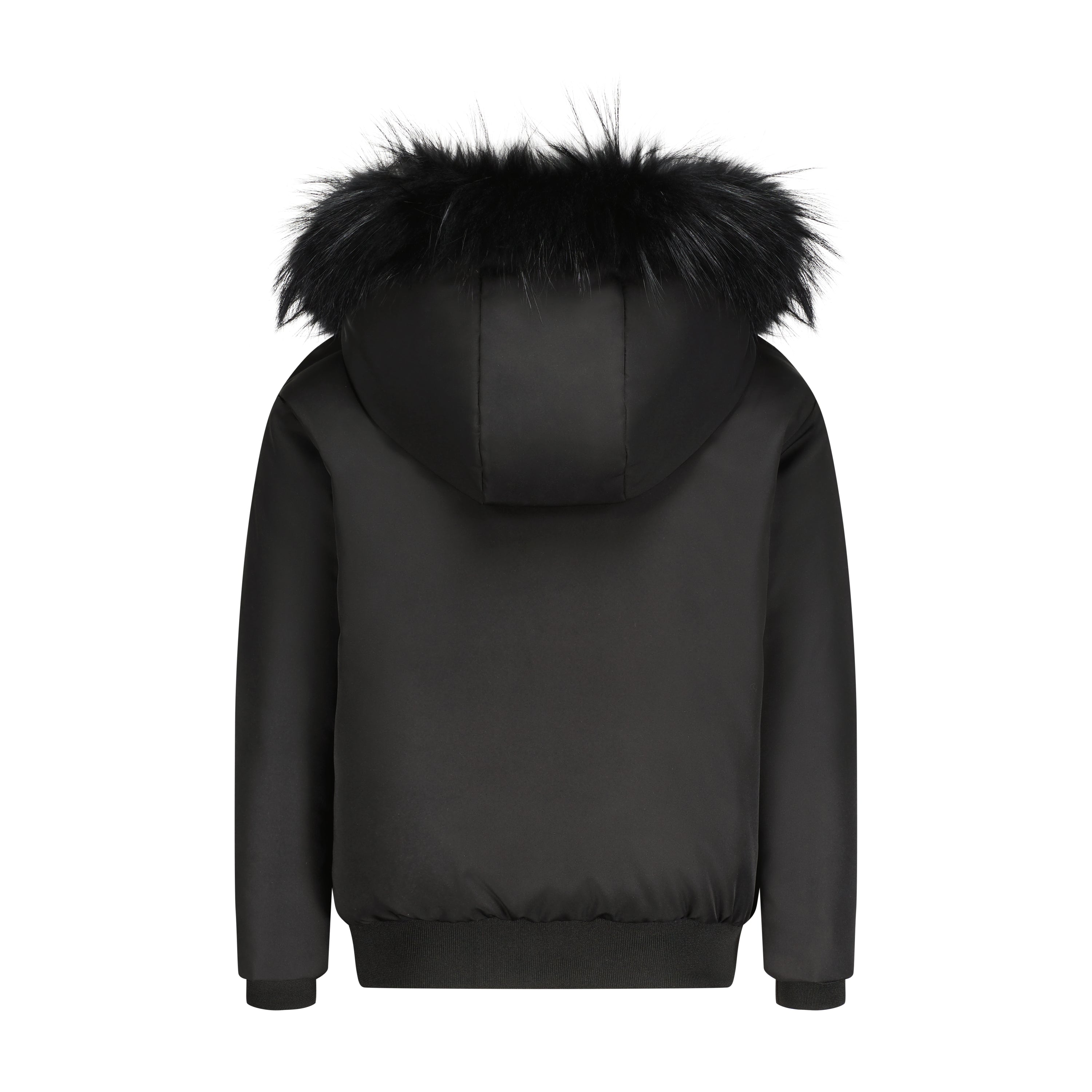The Jo Douglas coat featuring luxurious raccoon fur hood and elegant black design, perfect for winter fashion.