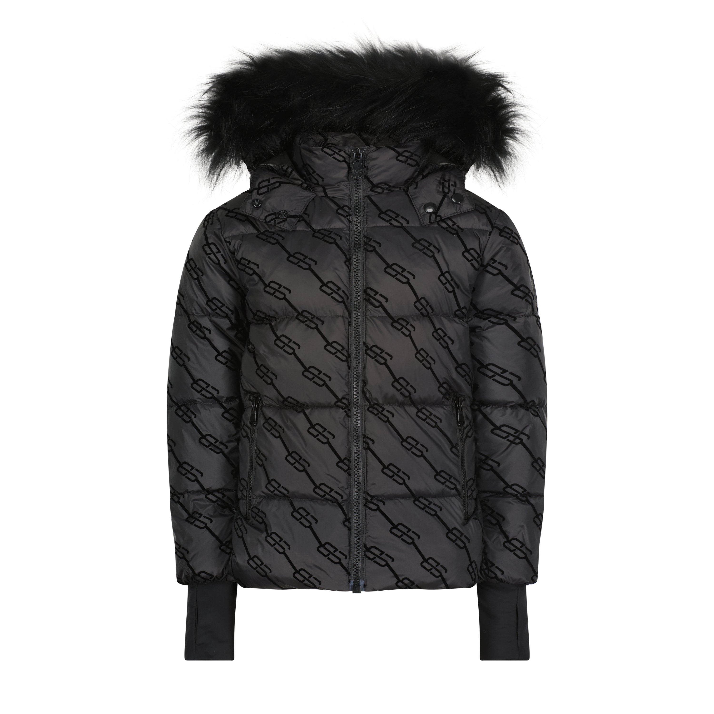 The Jolly Roger unisex jacket featuring a luxurious high collar, raccoon fur hood, and stylish SB motifs.