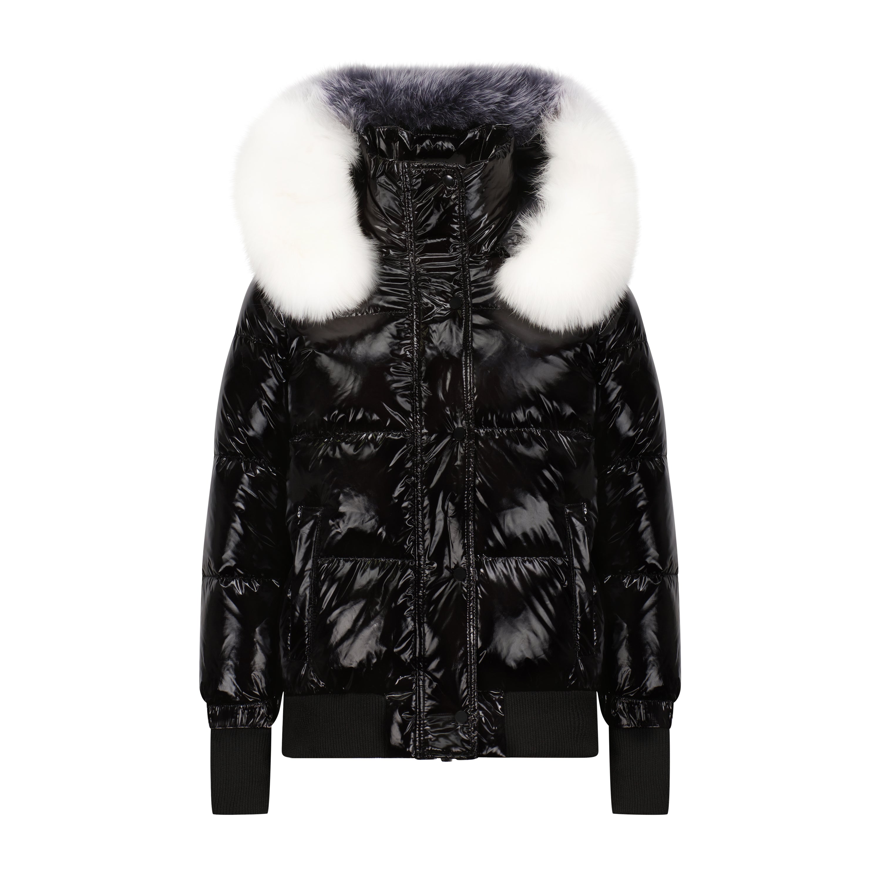 The Juana coat featuring a glossy black exterior and luxurious raccoon fur hood, designed for warmth and style.