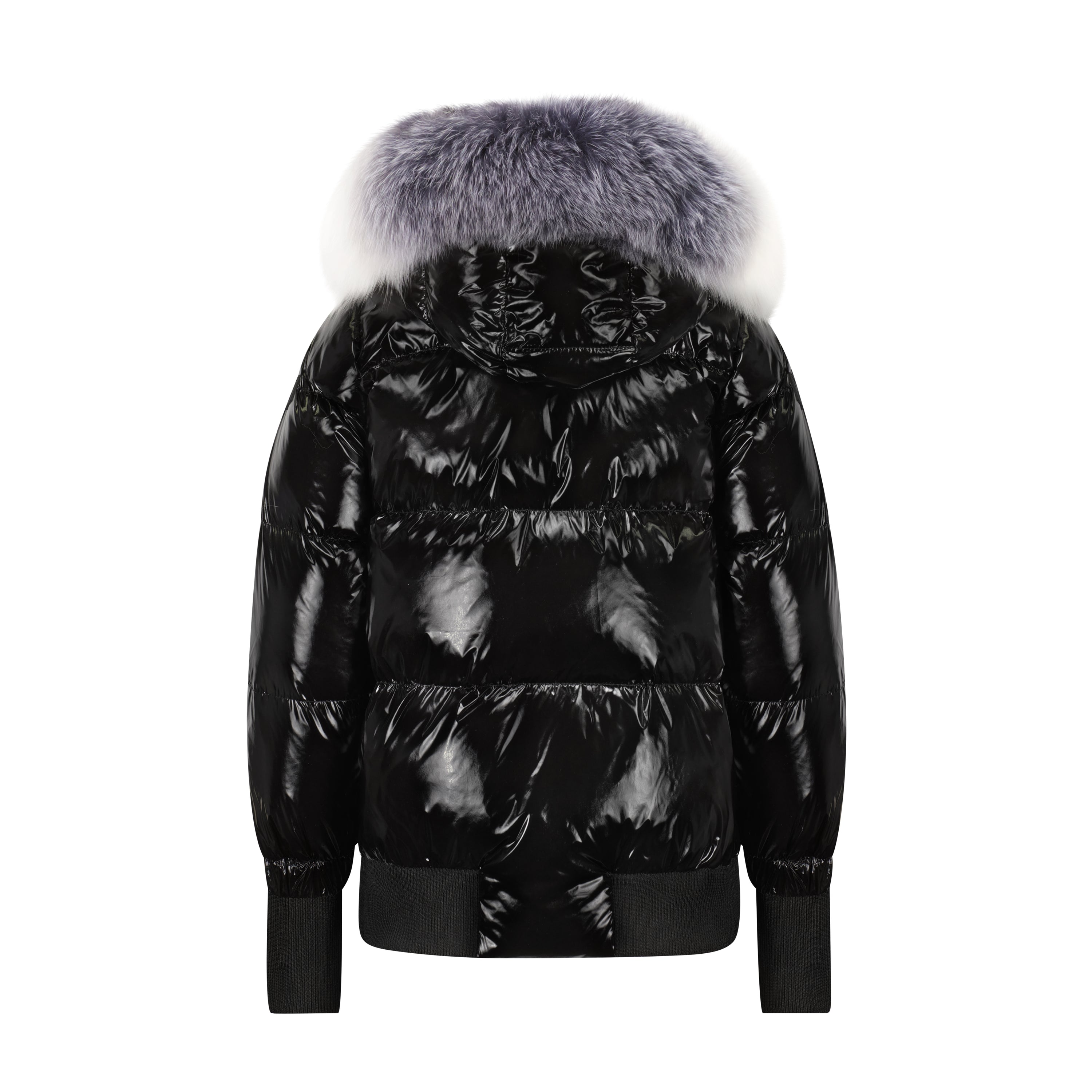 The Juana coat featuring a glossy black exterior and luxurious raccoon fur hood, designed for warmth and style.